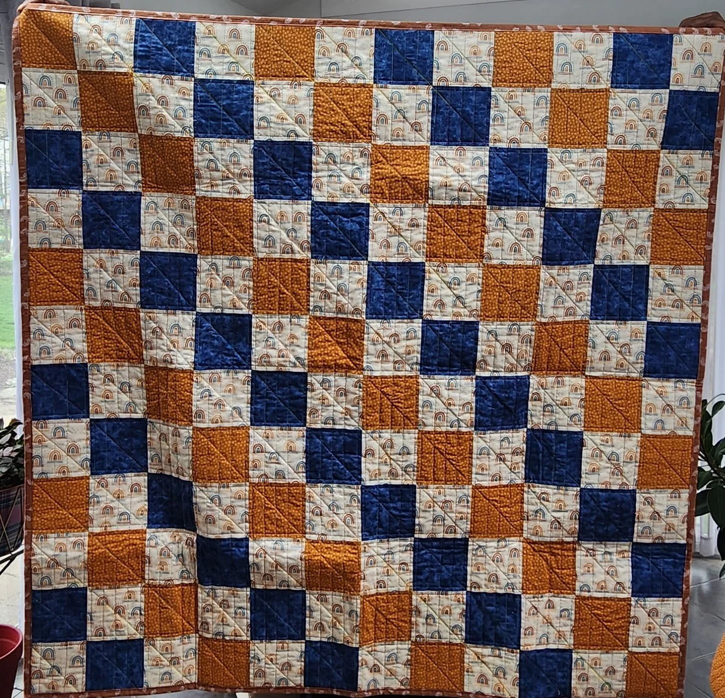 Blue & Gold Patchwork Quilt – 50" x 50" | One of a Kind Western Baby or Lap Quilt