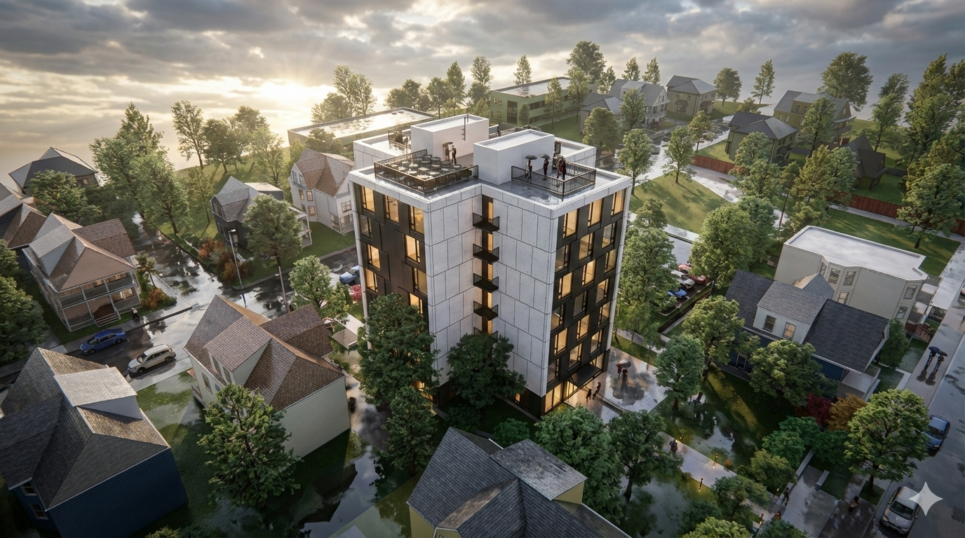 An aerial view of a tall, modern apartment building with rooftop terraces, surrounded by residential houses and trees, during rainy weather at sunset.
