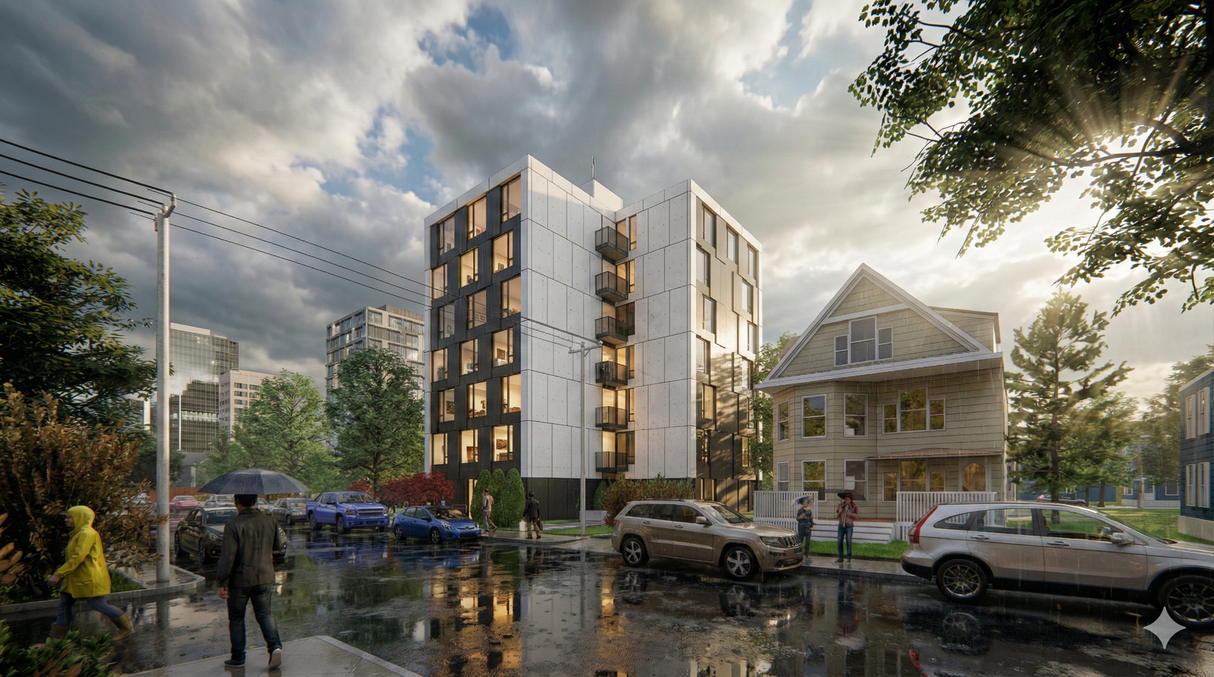 A modern white and black multi-story apartment building with balconies in an urban neighborhood, with parked cars, pedestrians, and a residential house nearby on a rainy day with cloudy sky.