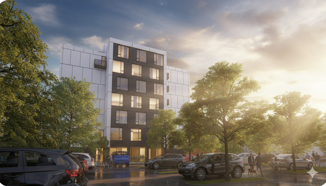 A modern multi-story apartment building surrounded by parked cars and trees, with people walking and biking in a city setting during sunset.