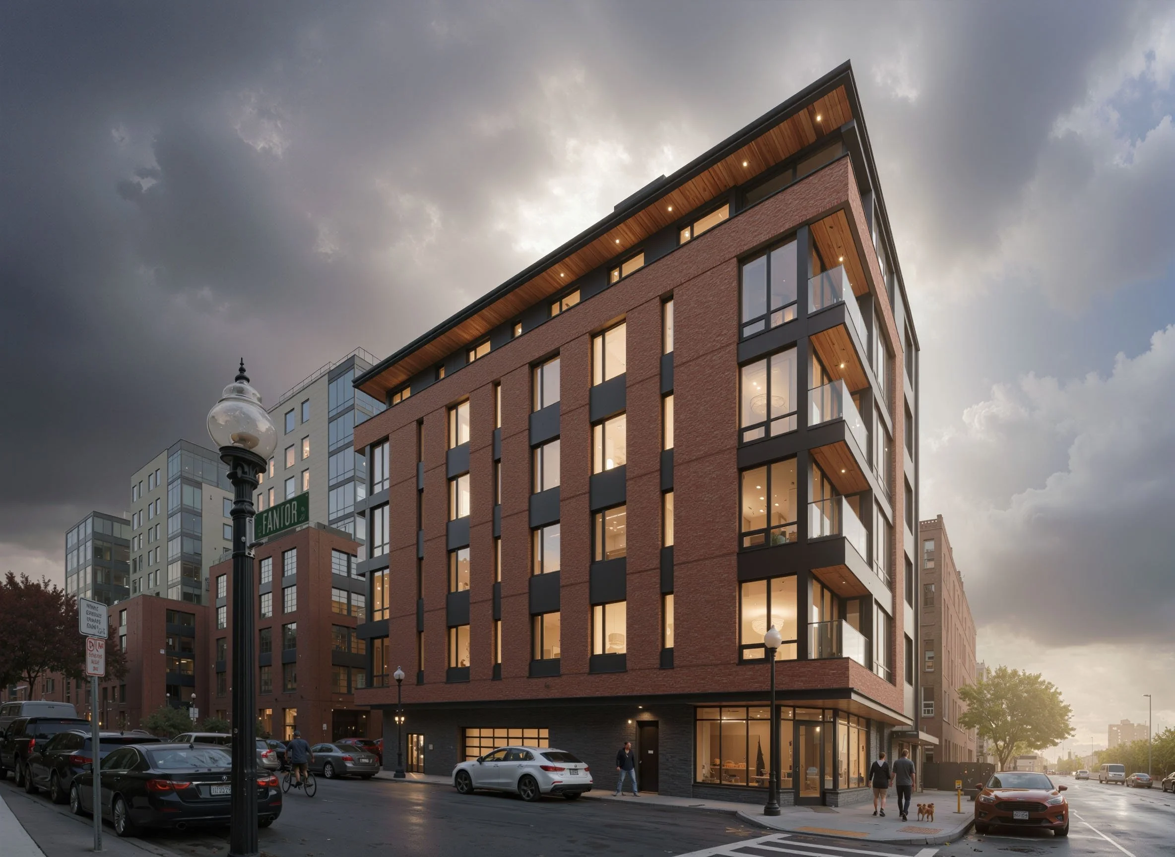 Modern multi-story residential building with large ground-floor windows on a city street during early evening with cloudy sky.