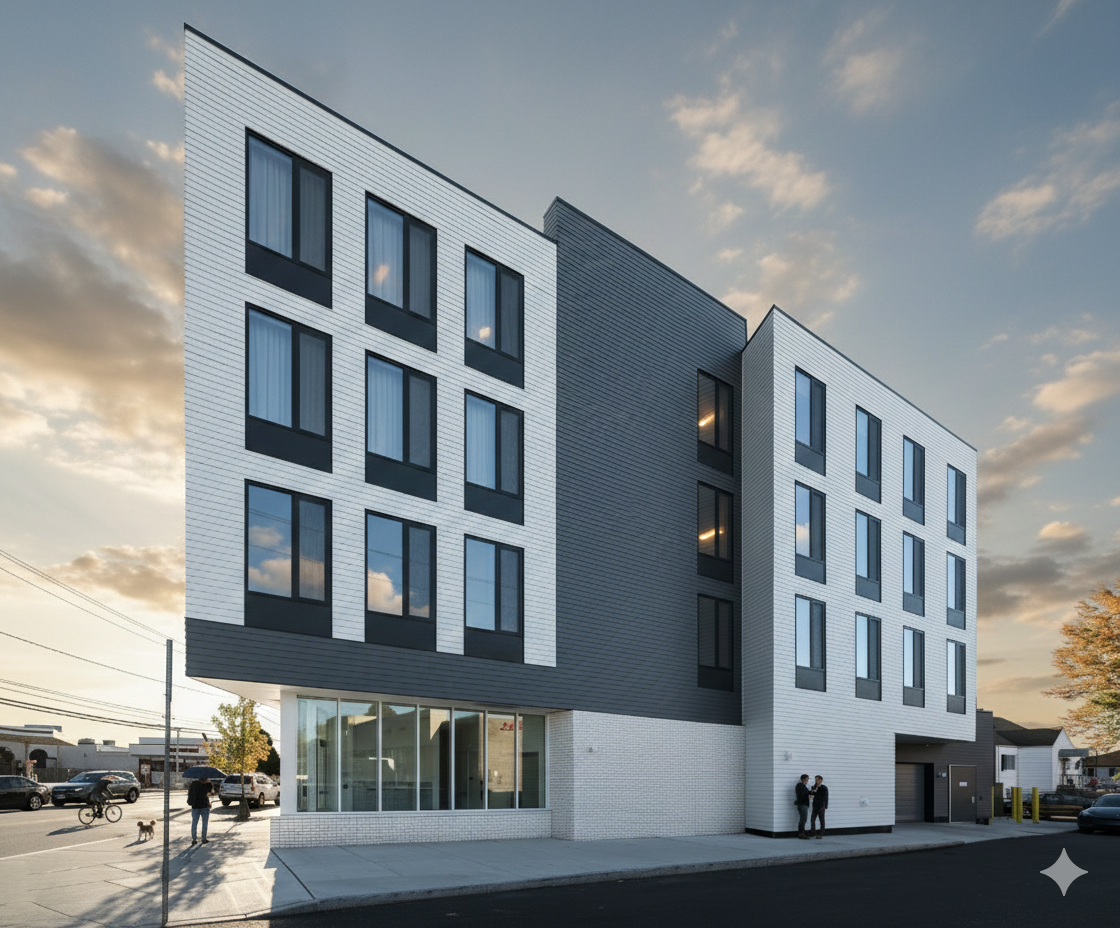 Modern multifamily housing with ground-floor retail and street-facing storefront at sunset.