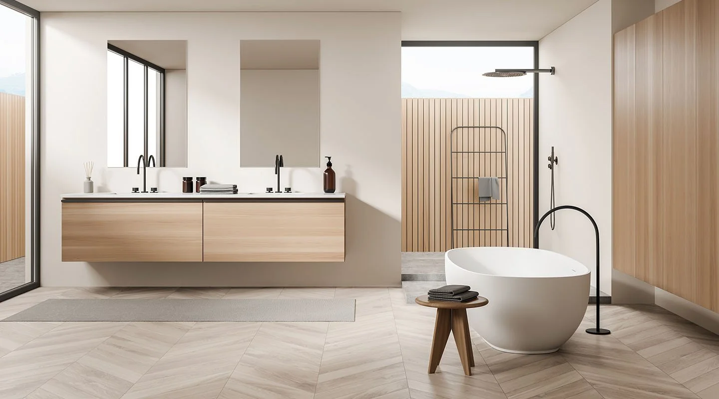 Skandinaviskt badrum med ljusa träytor, fristående badkar och minimalistisk design i ljusa naturtoner.