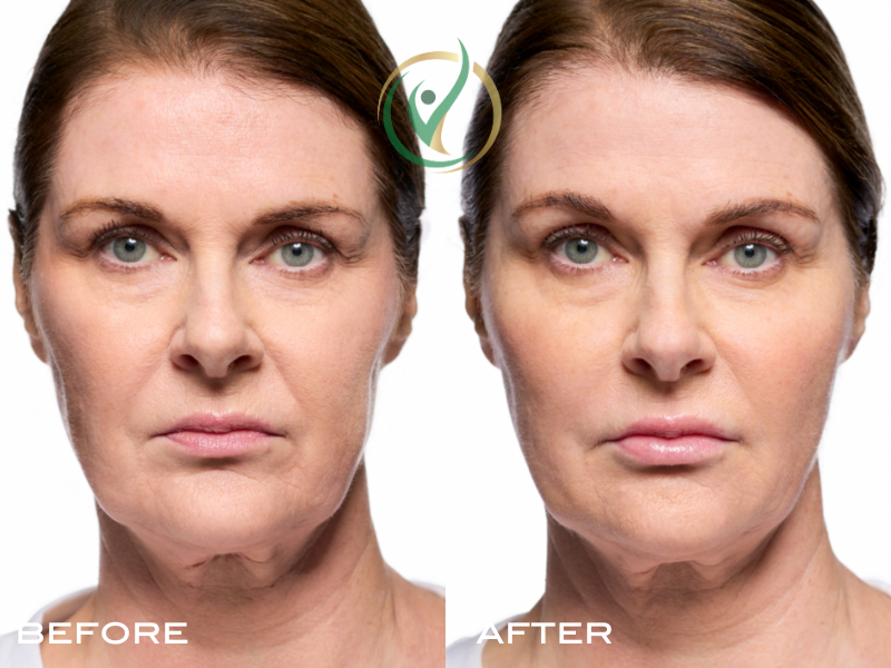 Comparison of a woman's face before and after cosmetic treatment, showing reduced wrinkles and smoother skin.