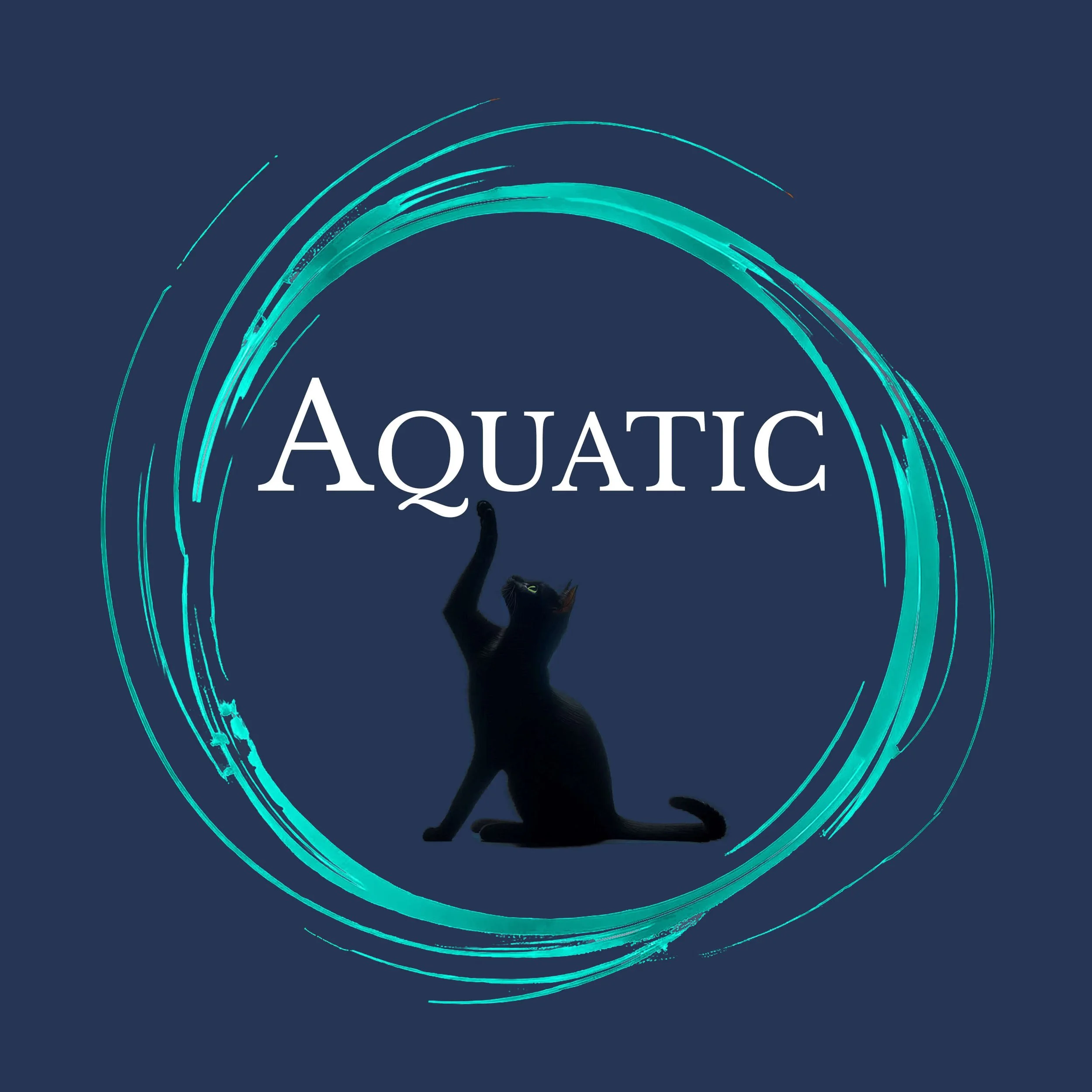 A blue circular brushstroke with Aquatic in white text above a black cat. Links to aquatic scents.