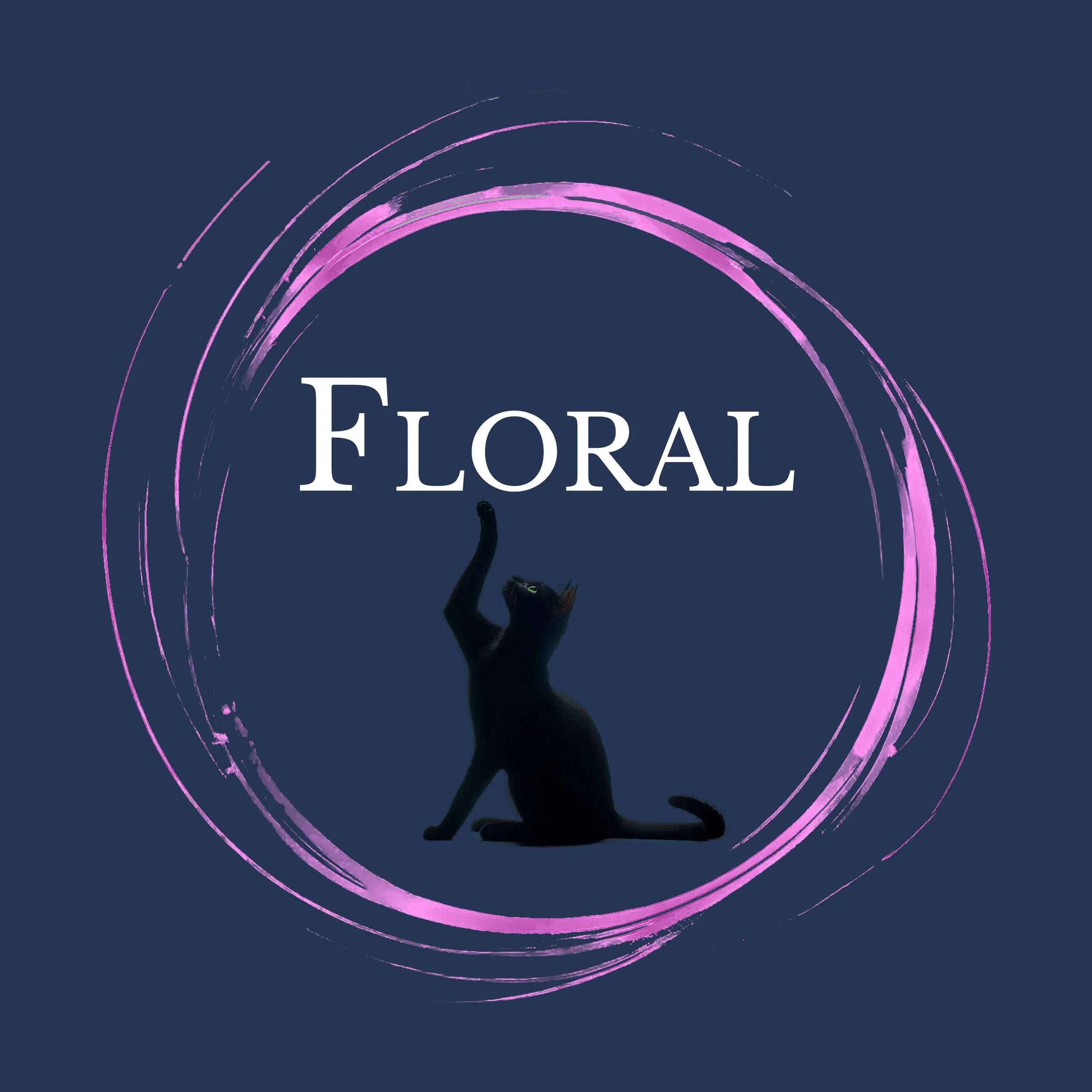 A pink circular brushstroke with Floral in white text above a black cat. Links to floral scents.