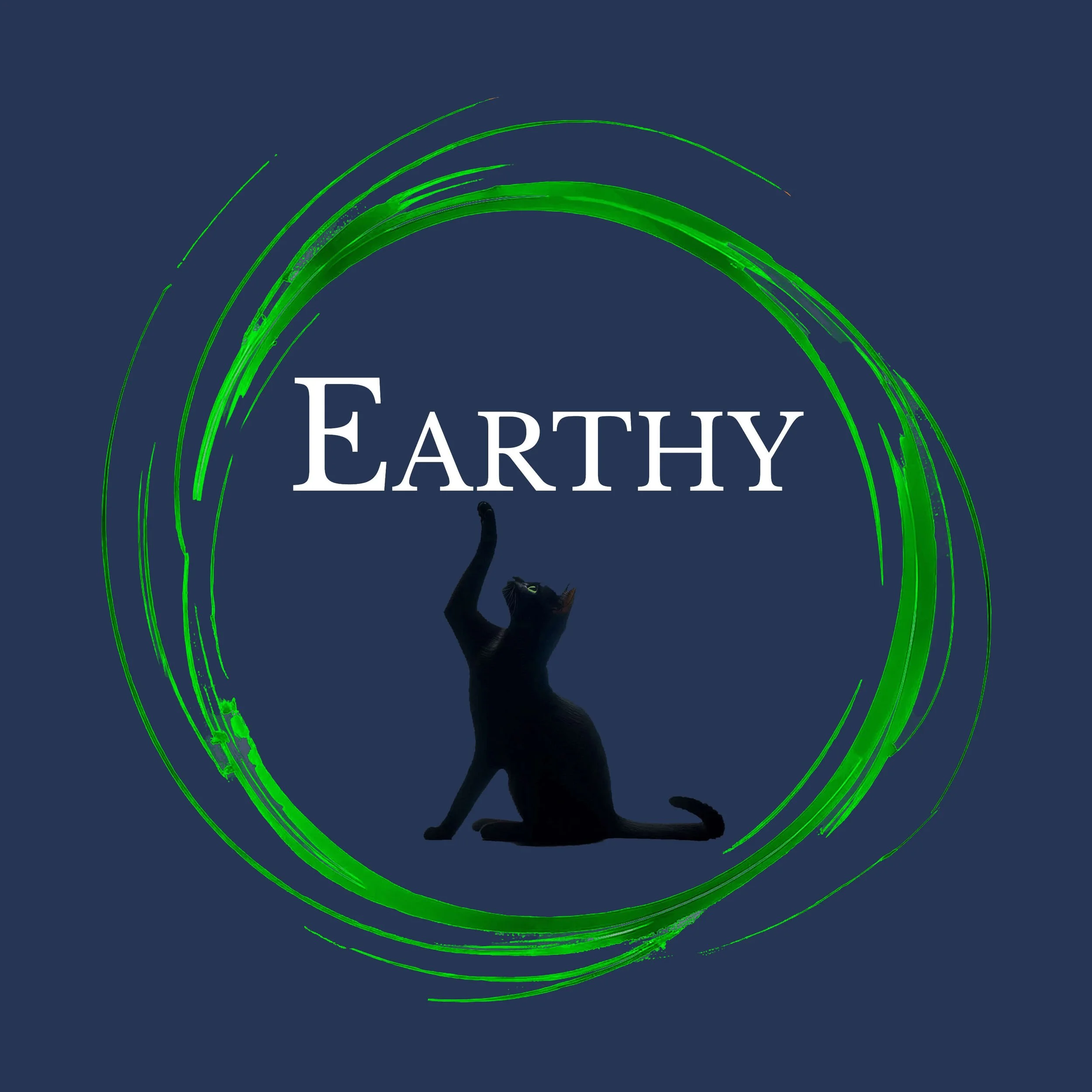 A green circular brushstroke with Earthy in white text above a black cat. Links to earthy scents.