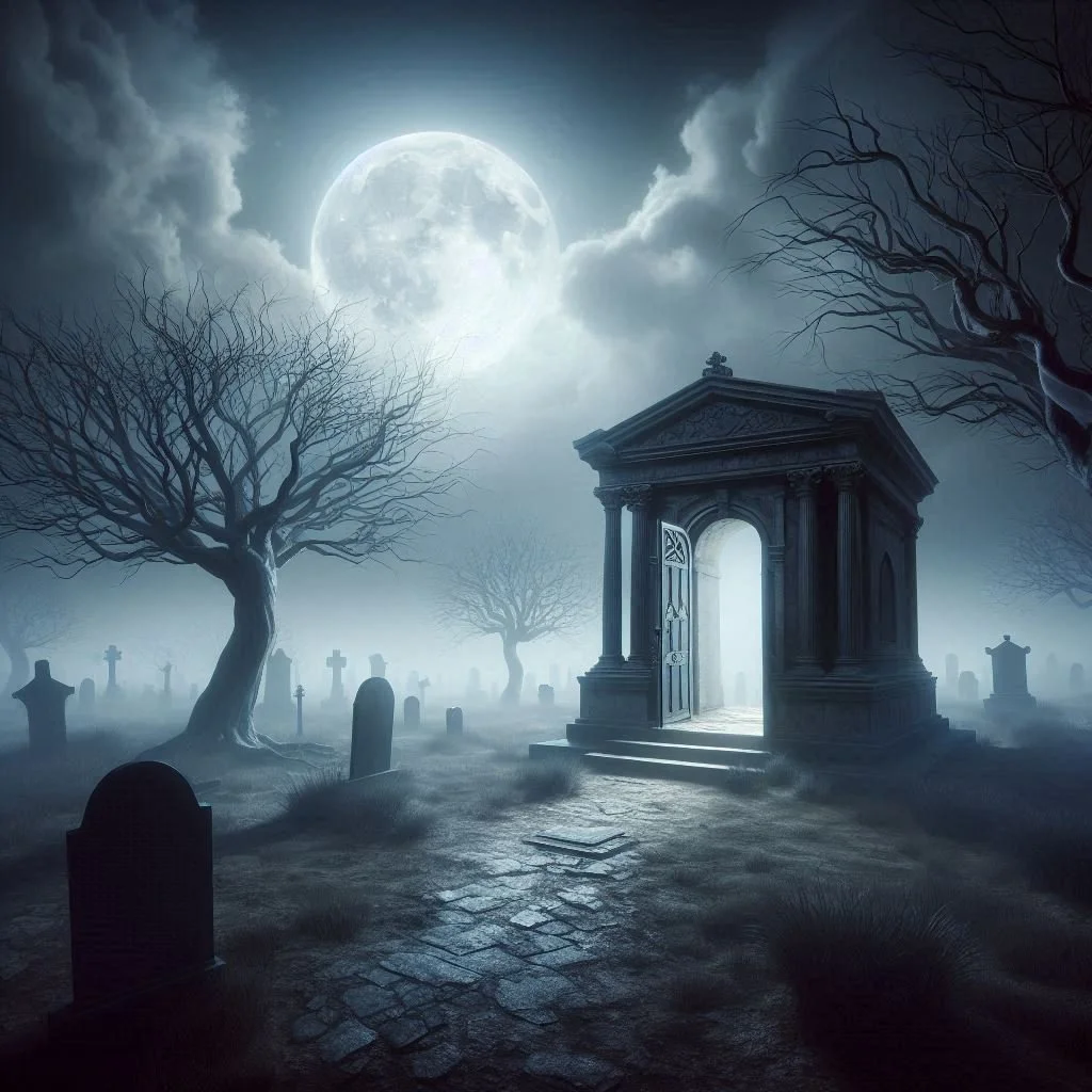 A full moon casting a pale eerie glow over a stone mausoleum, twisted bare trees, and scattered gravestones in a graveyard.