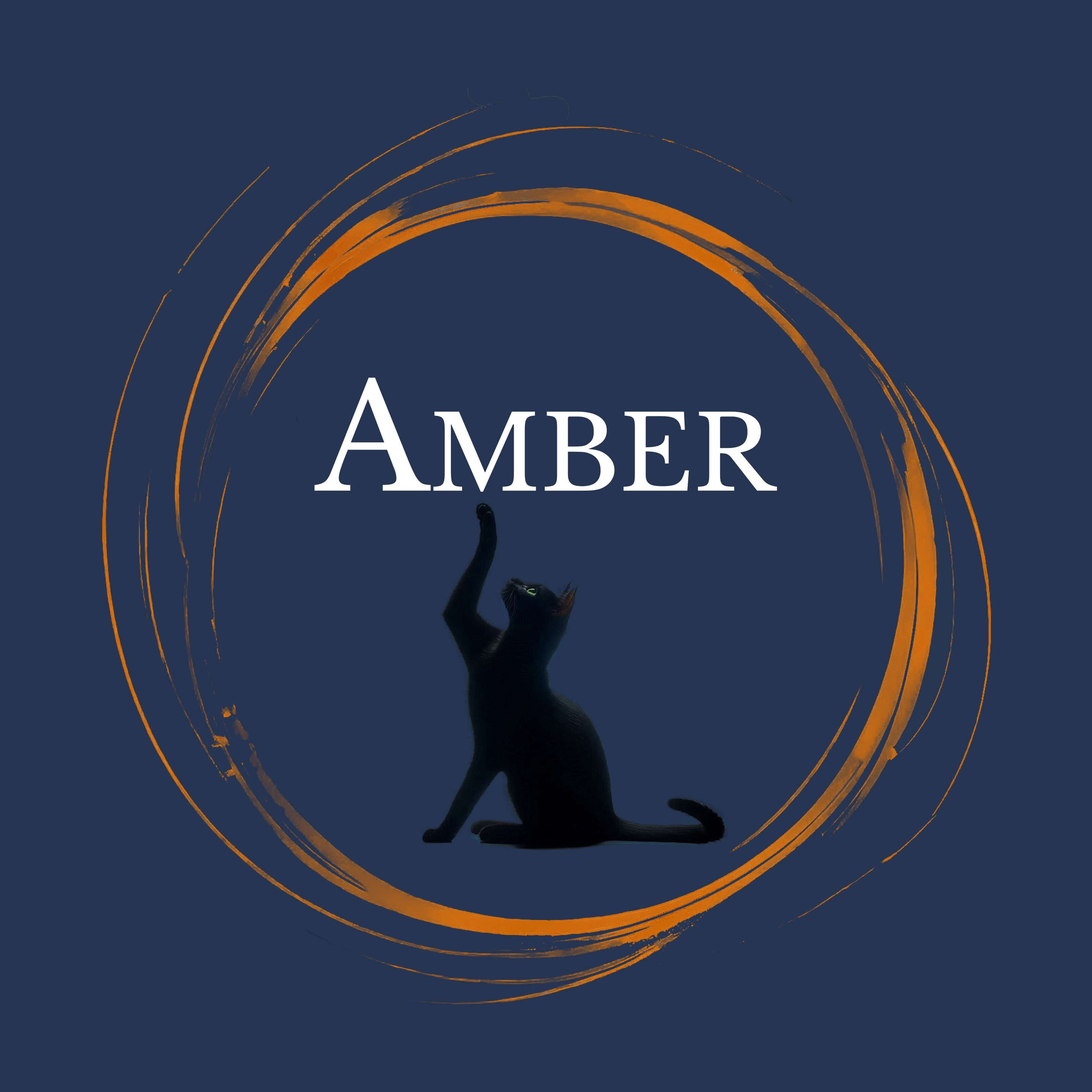 A orange circular brushstroke with Amber in white text above a black cat. Links to amber scents.
