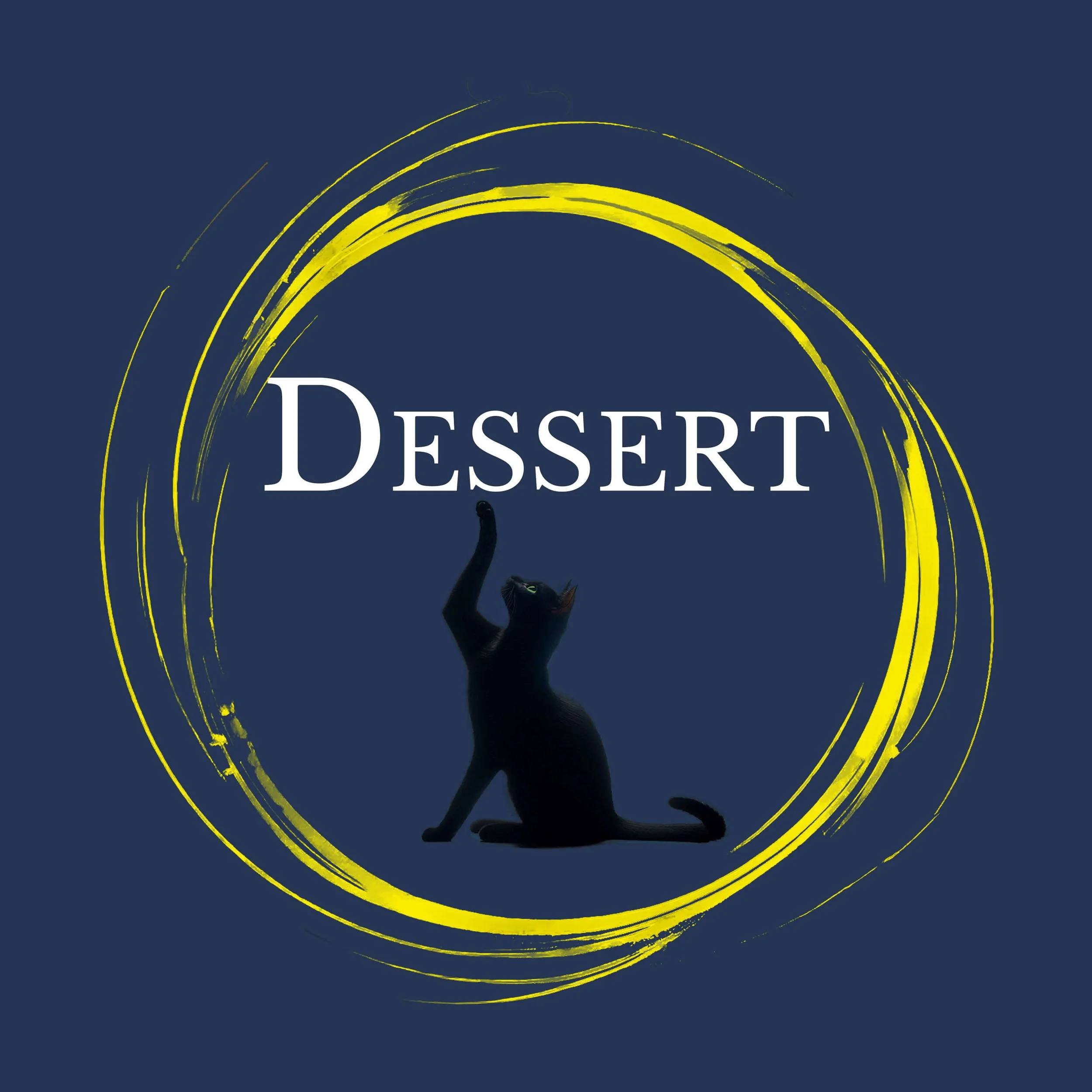 A yellow circular brushstroke with Dessert in white text above a black cat. Links to dessert scents.