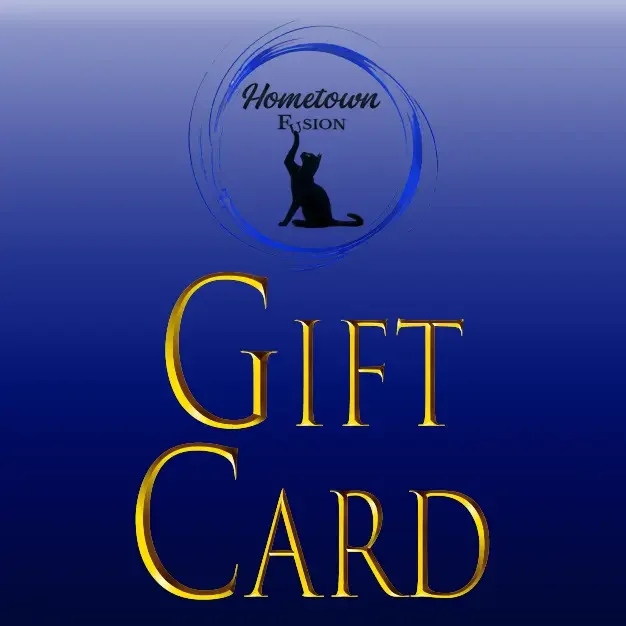 Hometown Fusion's logo above gold letters on blue backgroound. Links to gift cards