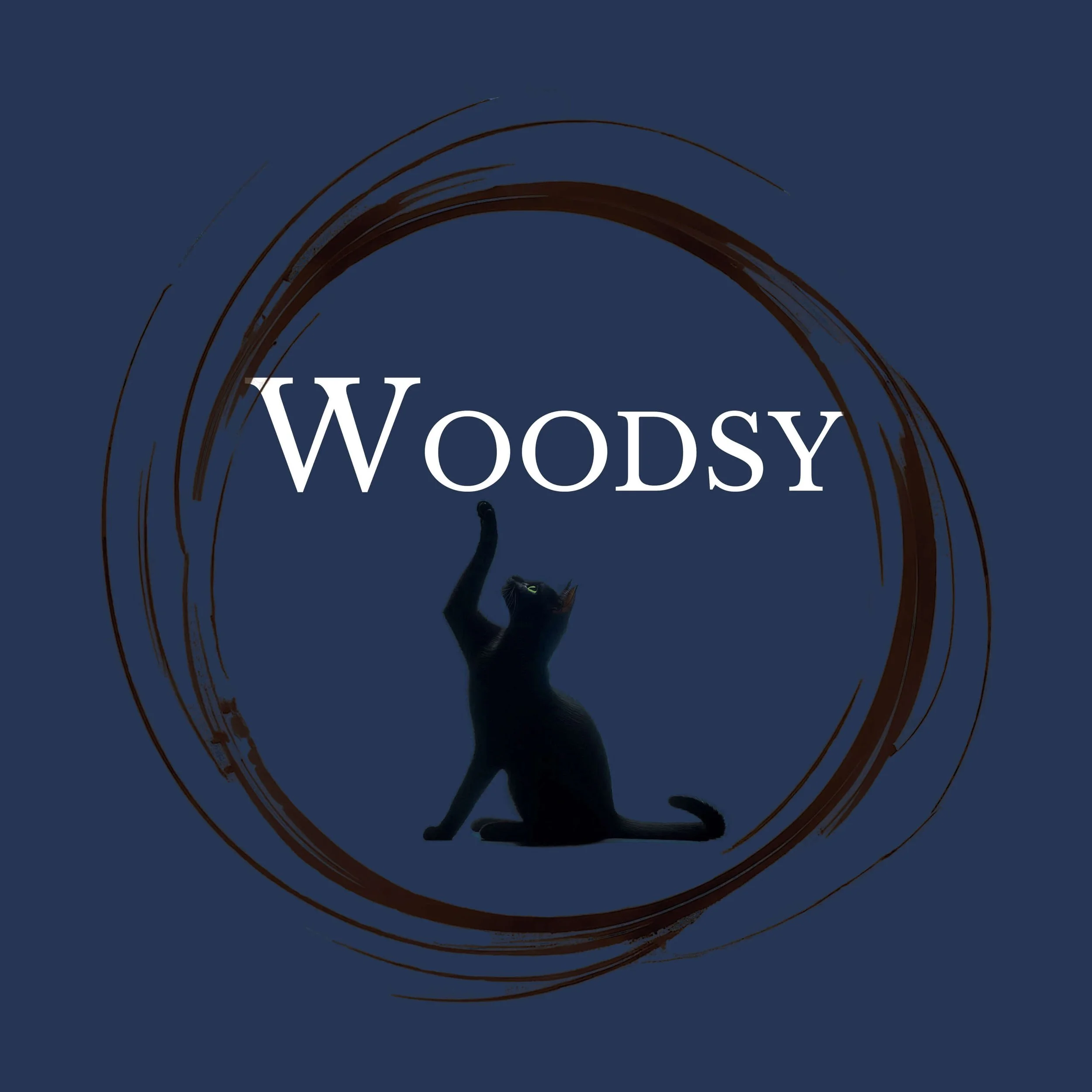 A brown circular brushstroke with Woodsy in white text above a black cat. Links to woodsy scents.