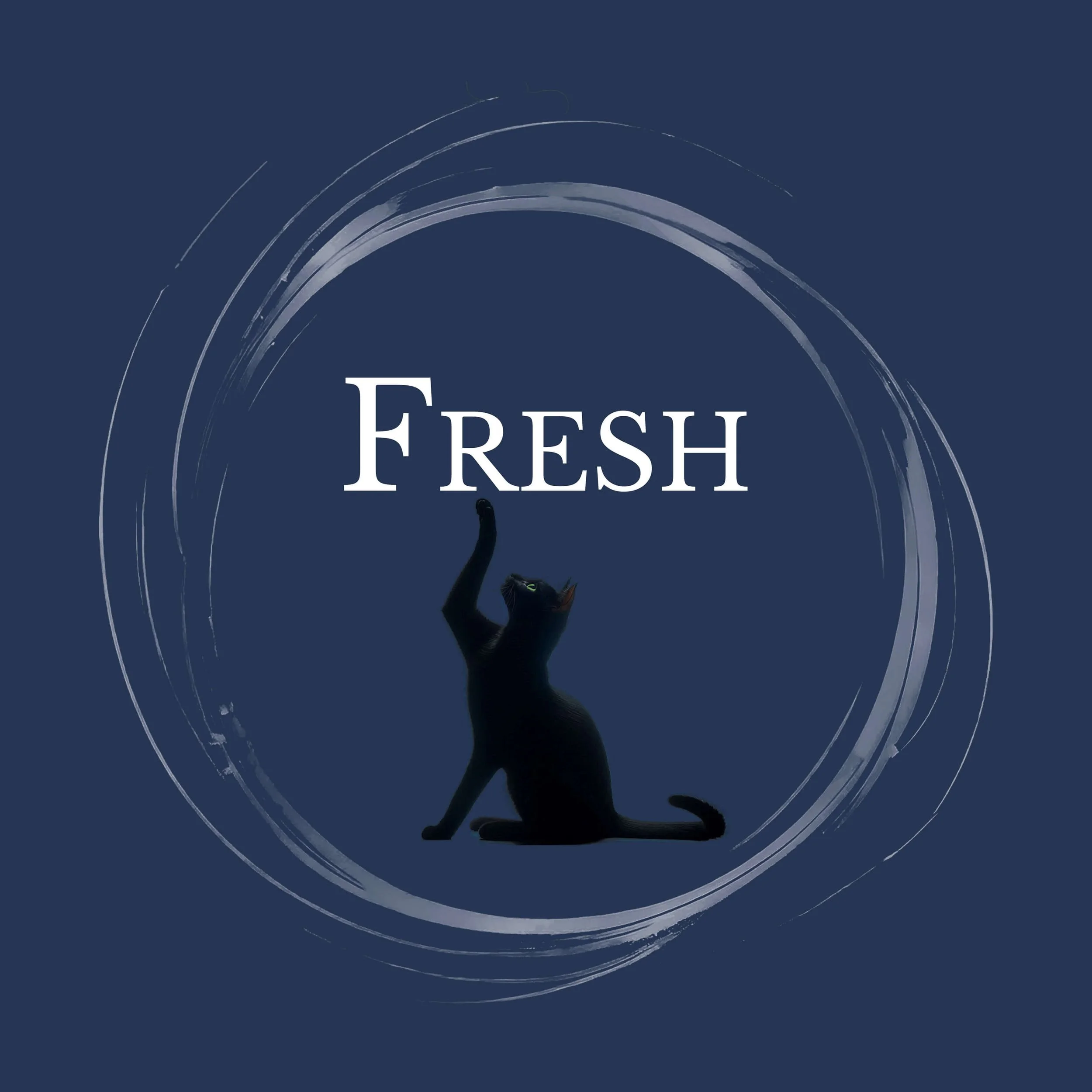 A white circular brushstroke with Fresh in white text above a black cat. Links to fresh scents.