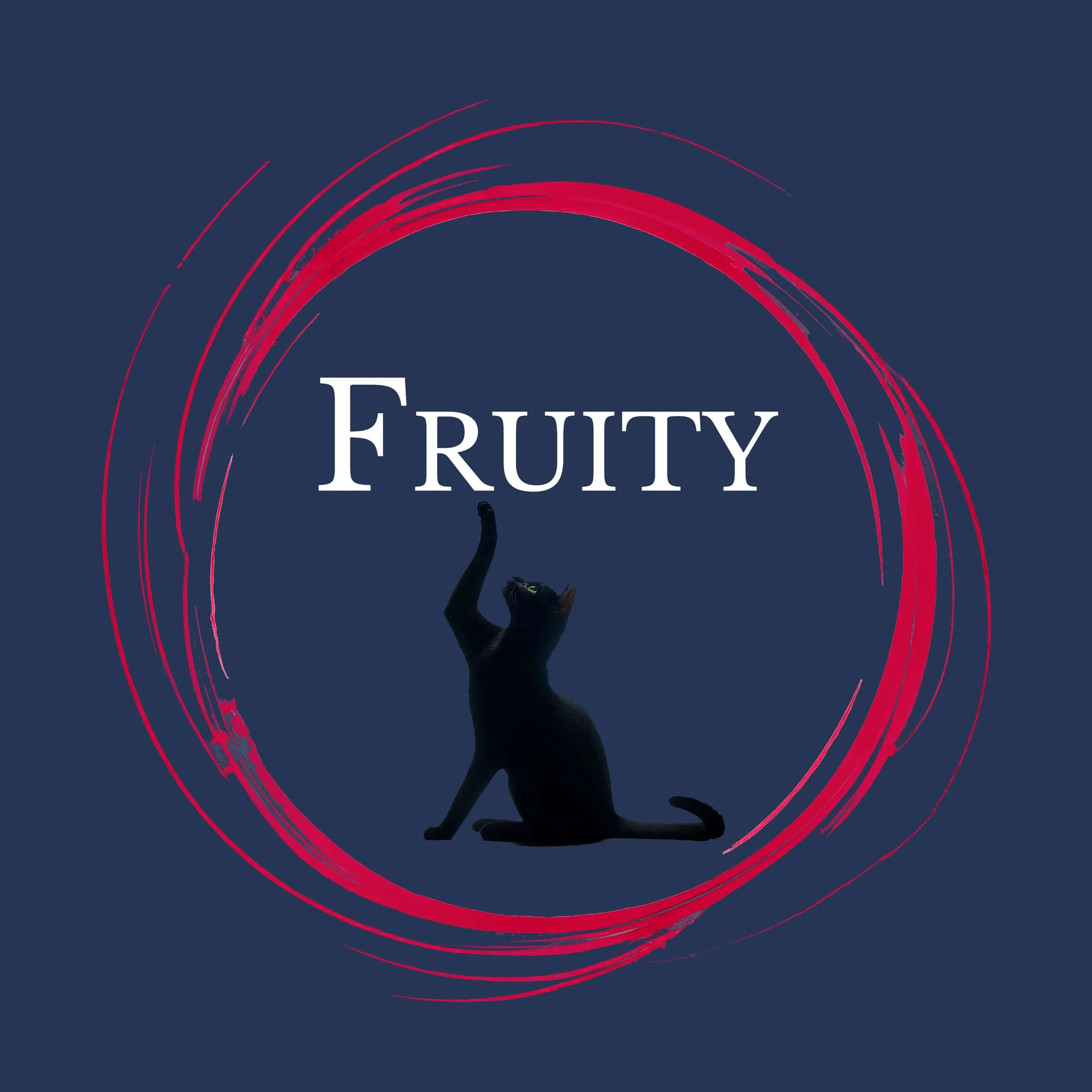 A red circular brushstroke with Fruity in white text above a black cat. Links to fruity scents.