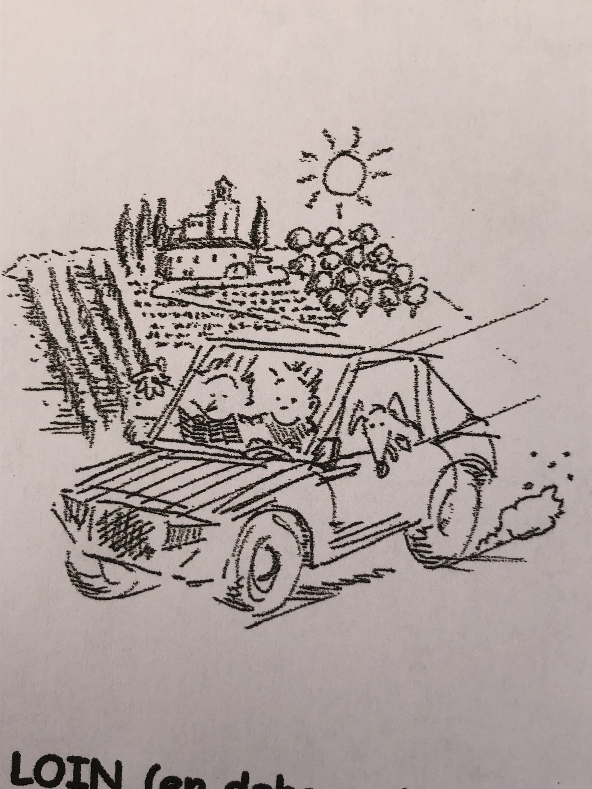 Dessin d'une voiture avec deux passagers et un chien illustrant les heures de check-in et check-out