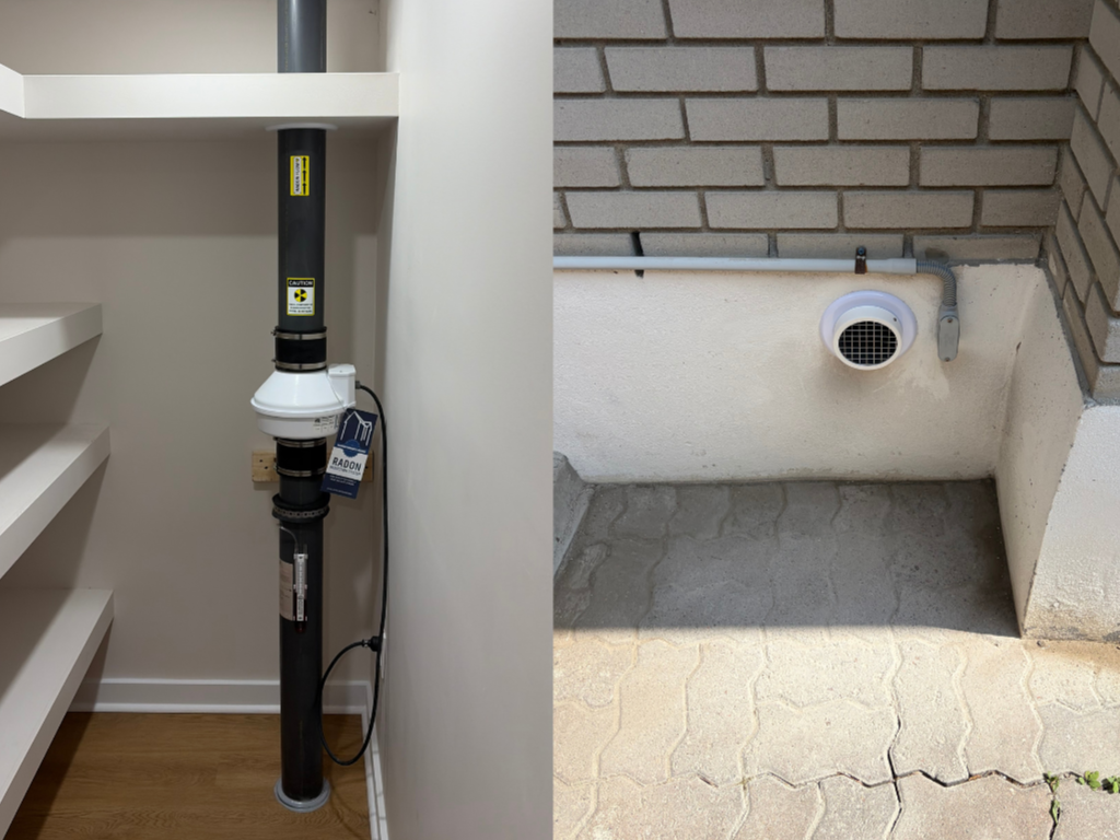 Système atténuation du radon intégré aux tablettes du sous sol avec sortie extérieure discrète