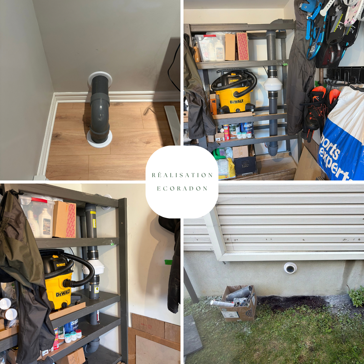 Installation d'un système d'atténuation du radon avec fosse d'aspiration située à l'intérieur de la résidence et ventilateur installé dans le garage. La tuyauterie a été soigneusement intégrée aux tablettes de rangement afin de préserver l'espace dis