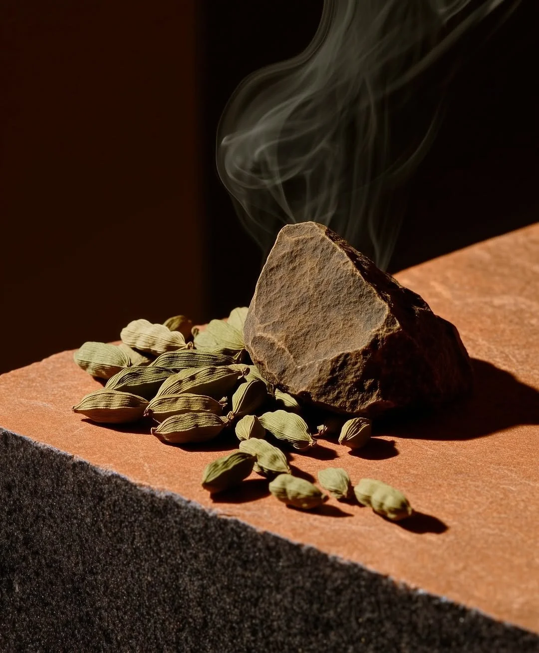 A large brown stone with smoke rising from it, placed on a surface with green cardamom pods scattered beside it.