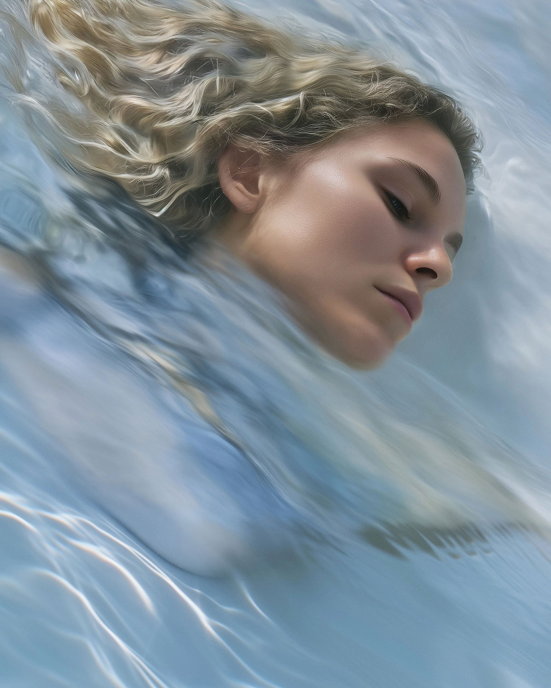 A woman with blonde wavy hair floating peacefully in clear, calm water with her eyes closed.
