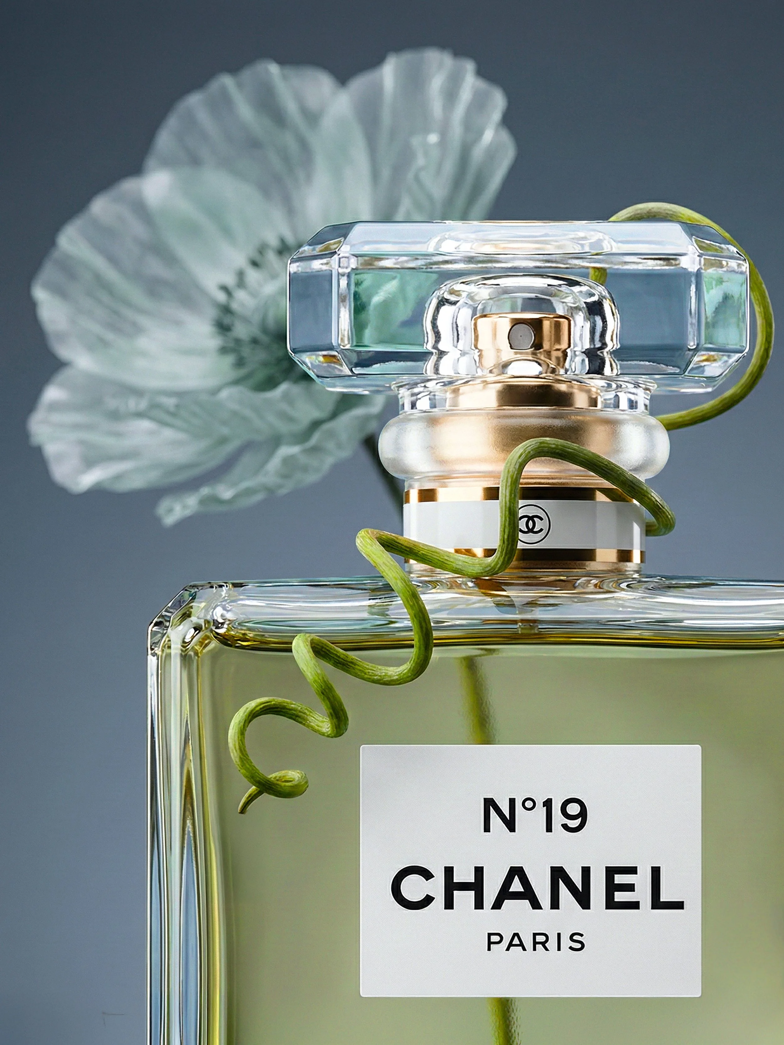 A Chanel No. 19 perfume bottle with a large flower and green vine wrapped around it, against a soft gray background.