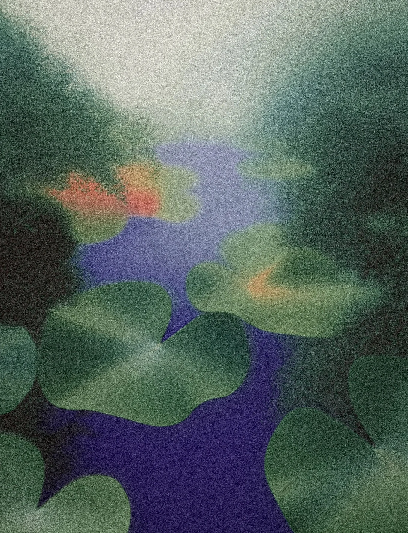 Abstract digital artwork with greenish lily pads and blue water, accented by orange and yellow highlights.