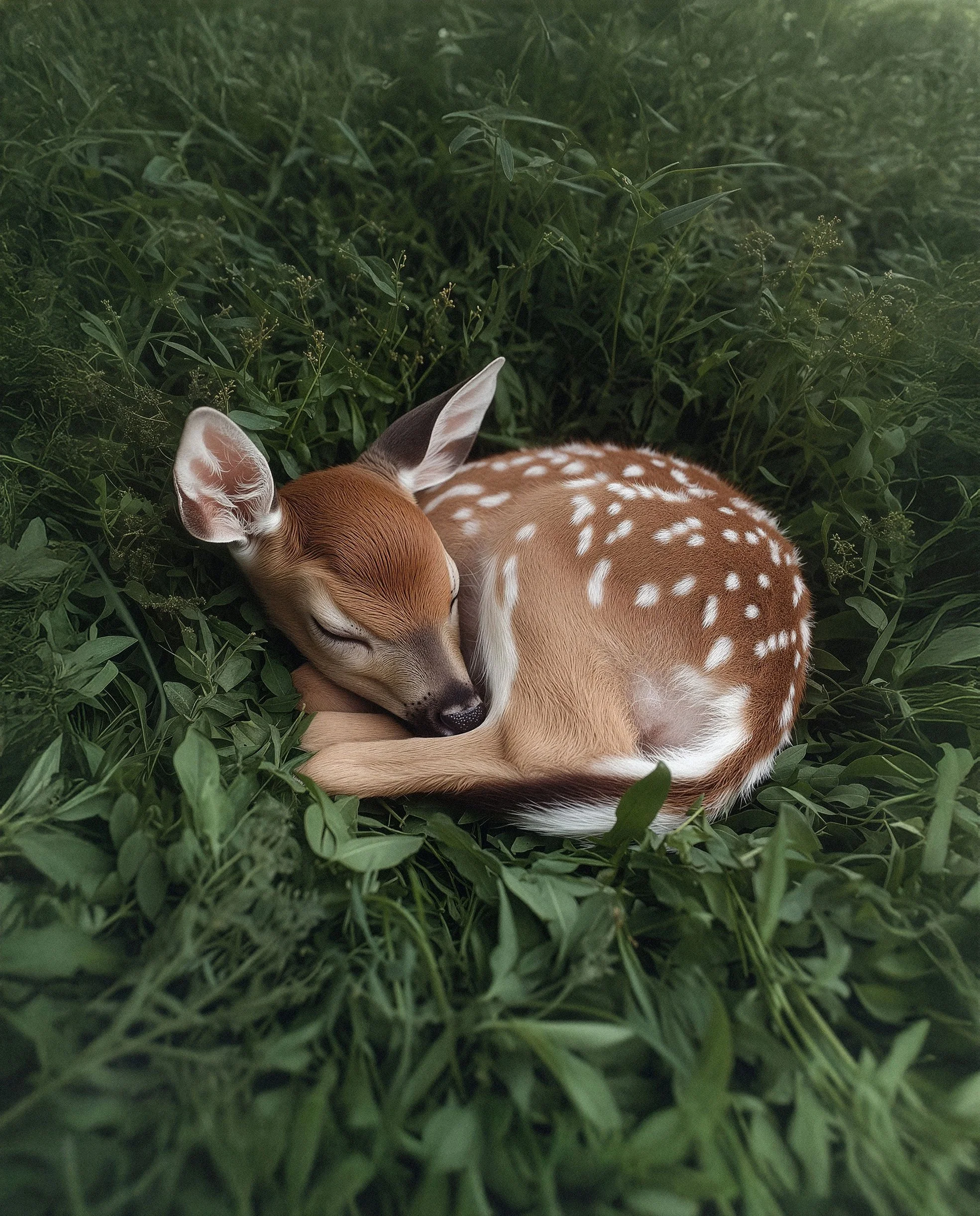 A fawn sleeping curled up on green grass.