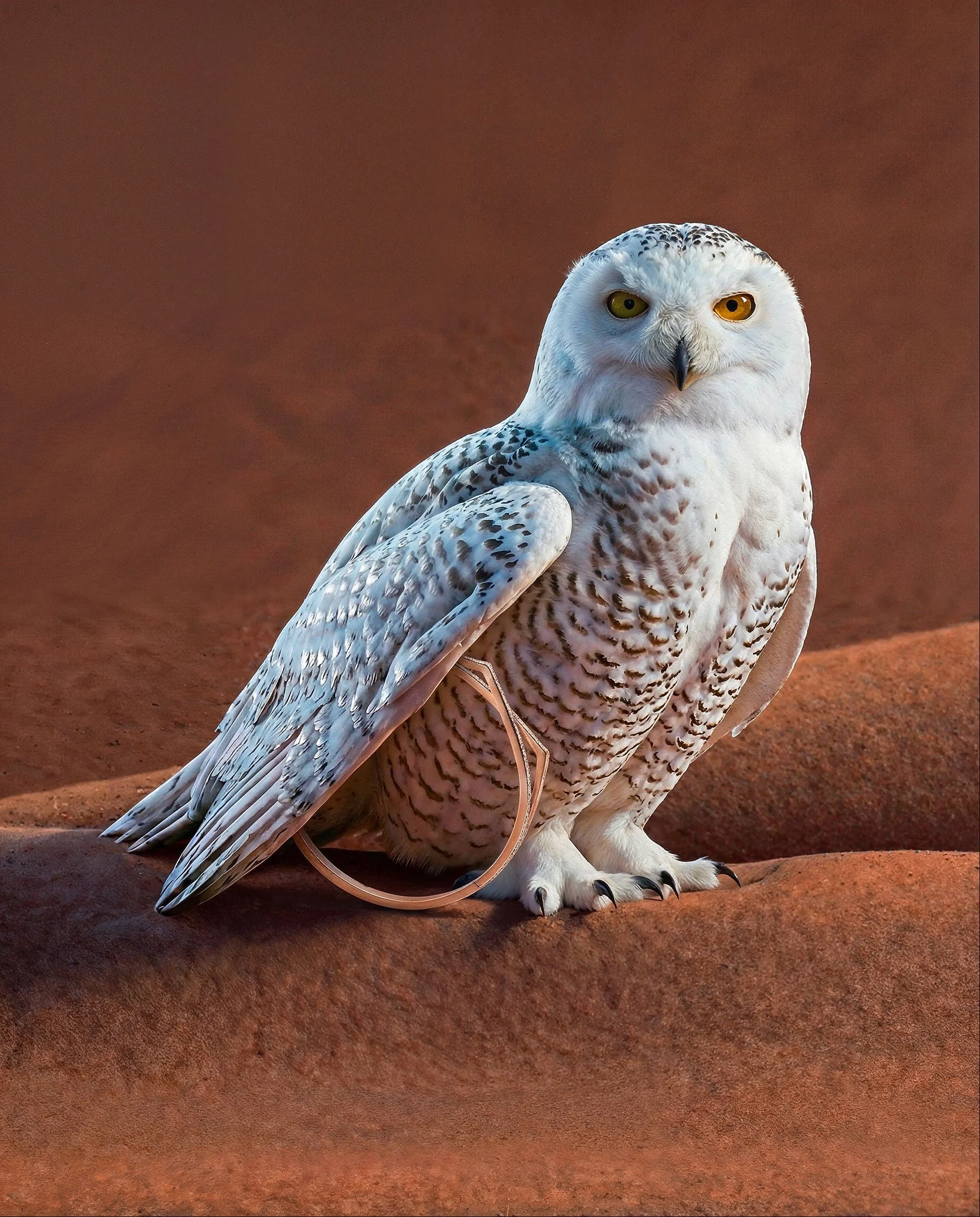 A snow owl with yellow eyes is standing on reddish sand, with one leg slightly raised and its head turned to face forward.