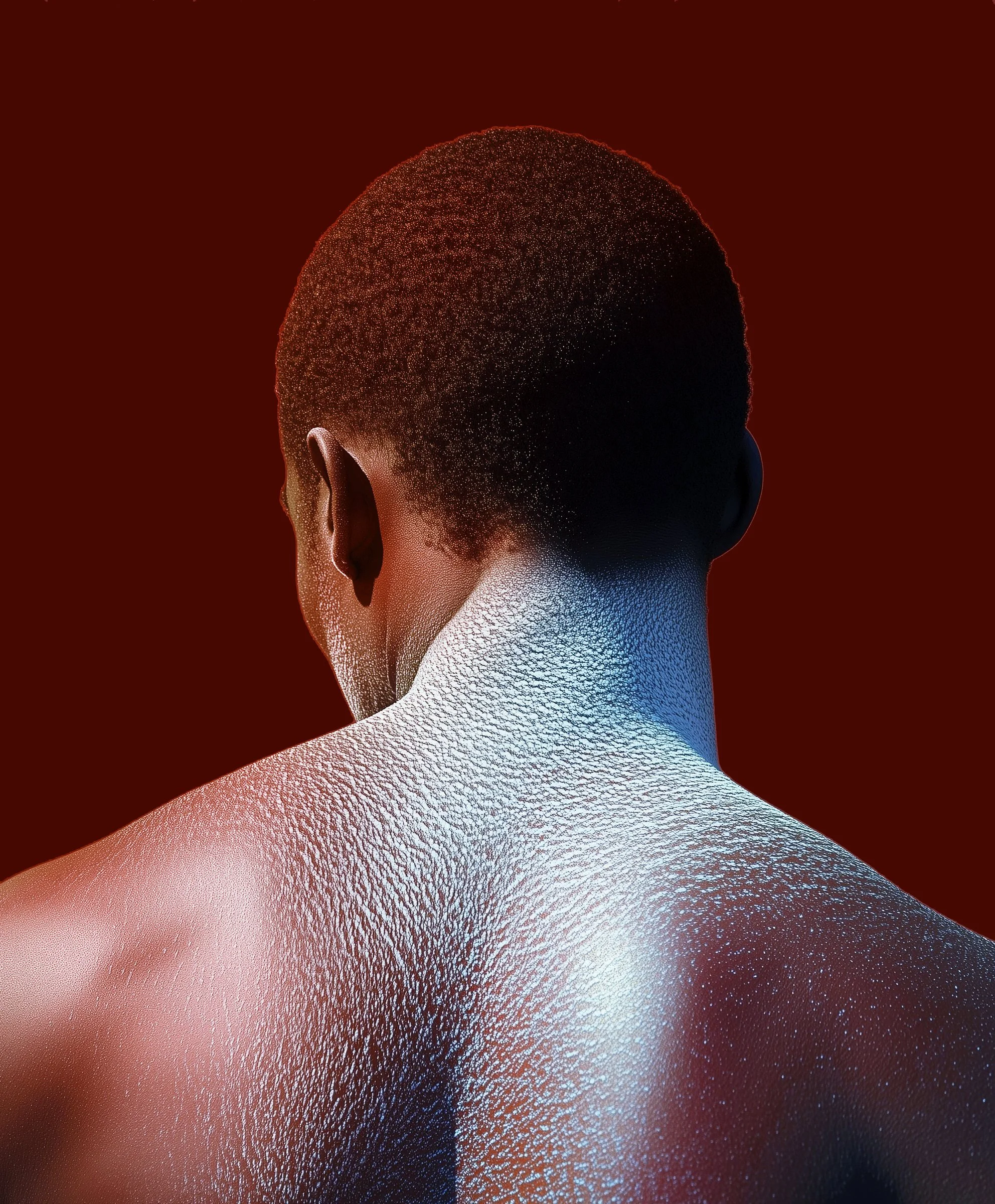 Back view of a shirtless person with textured skin, short curly hair, and an earring, against a dark red background.