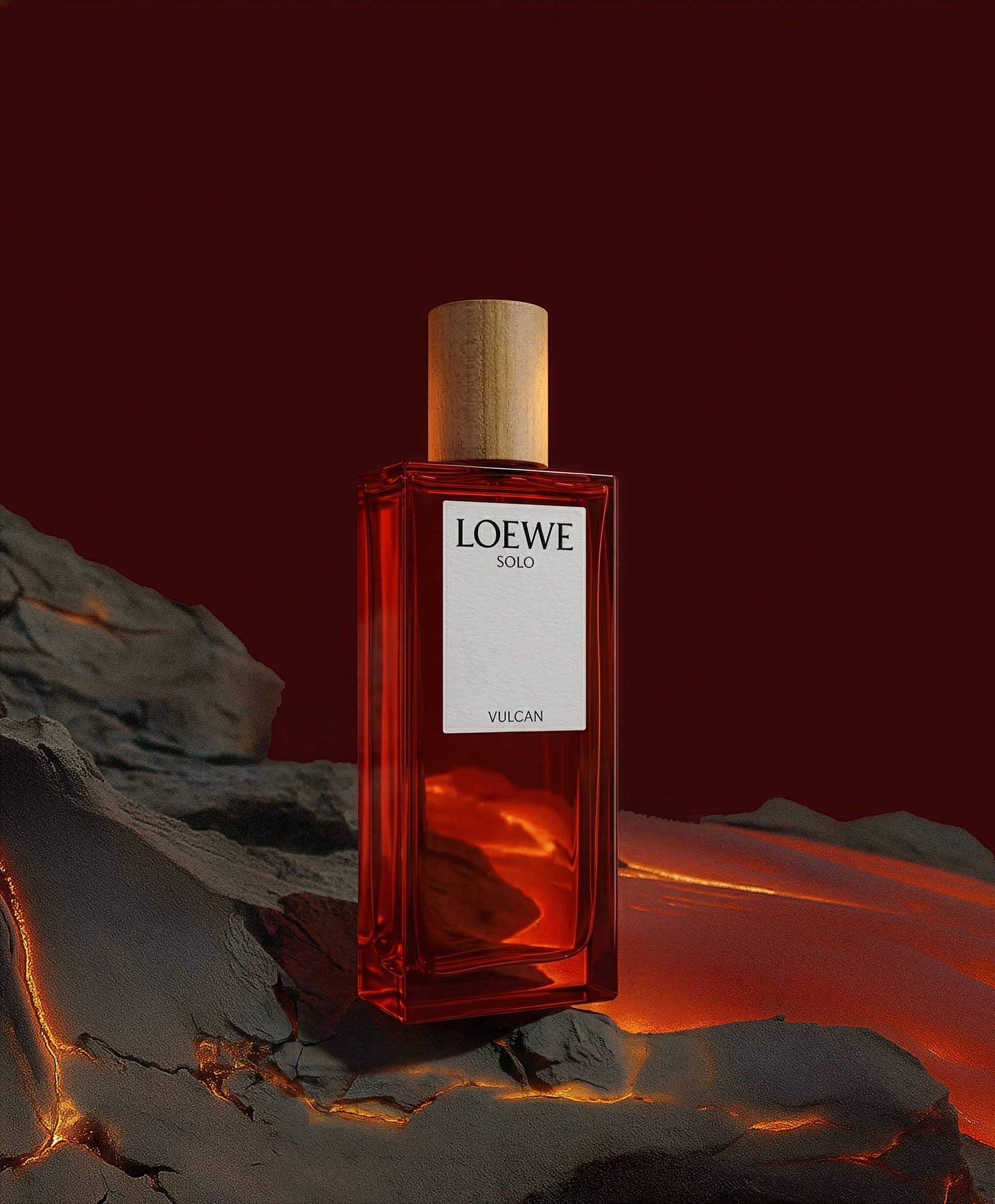 A red rectangular perfume bottle labeled 'LOEWE SOLO VULCAN' with a wooden cap, positioned on a cracked, glowing rocky surface against a dark red background.