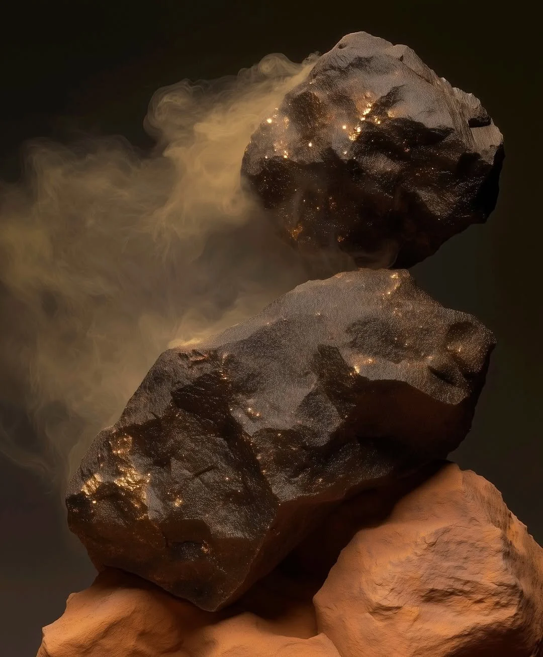 Two large rocks with a reflection of their surface, one with a reddish hue and the other darker, surrounded by a smoky, golden mist at night.