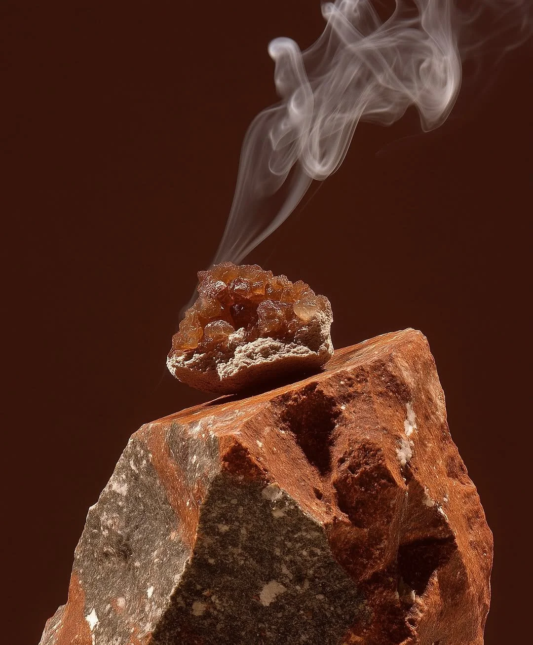 A large reddish-brown rock with a smaller rock on top, emitting smoke or steam against a dark background.