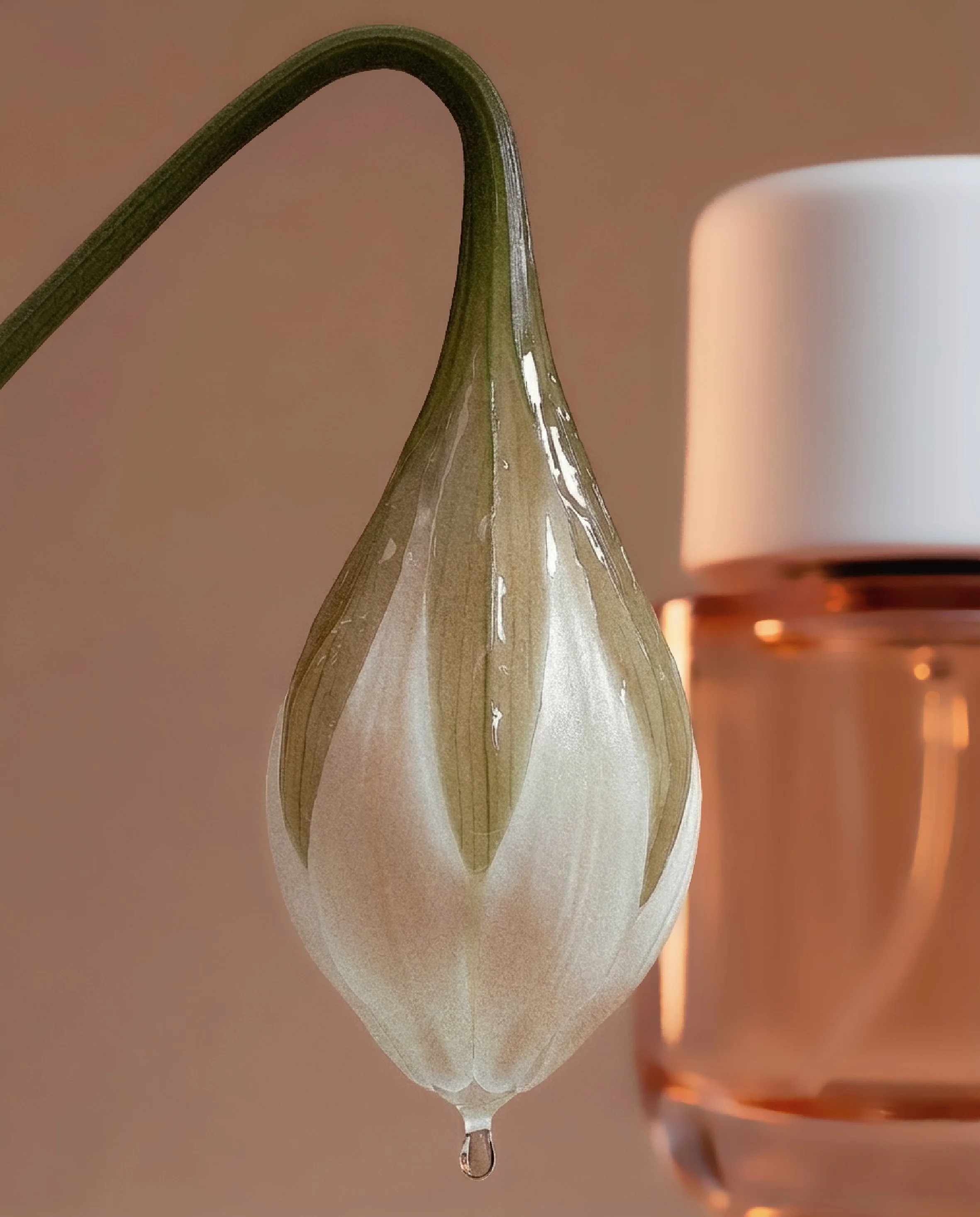 Close-up of a delicate white flower with a water droplet hanging from its petal, positioned next to a glass of rosé wine on a neutral background.