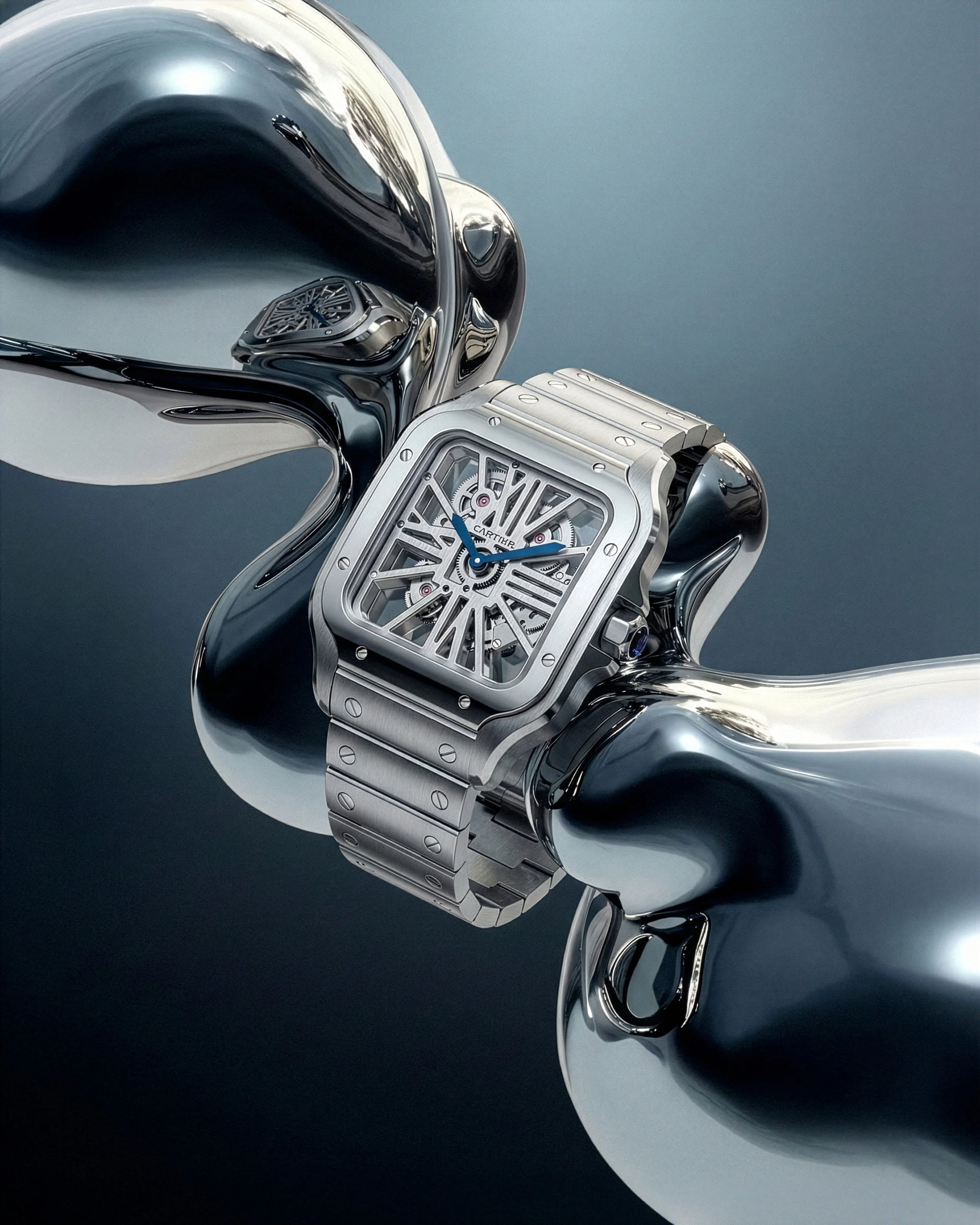 A luxury skeleton watch with a square face and Roman numerals, displayed on a highly reflective, chrome-like, abstract sculpture of a hand.