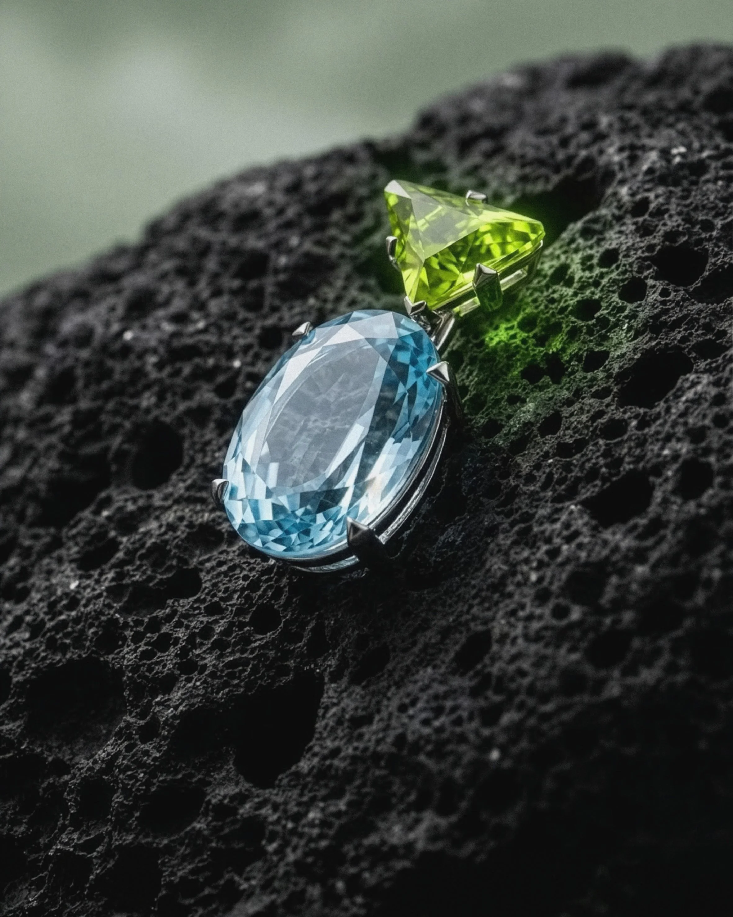 A ring with two large gemstones, a blue oval-shaped stone and a yellow-green triangular stone, placed on a textured black volcanic rock surface.