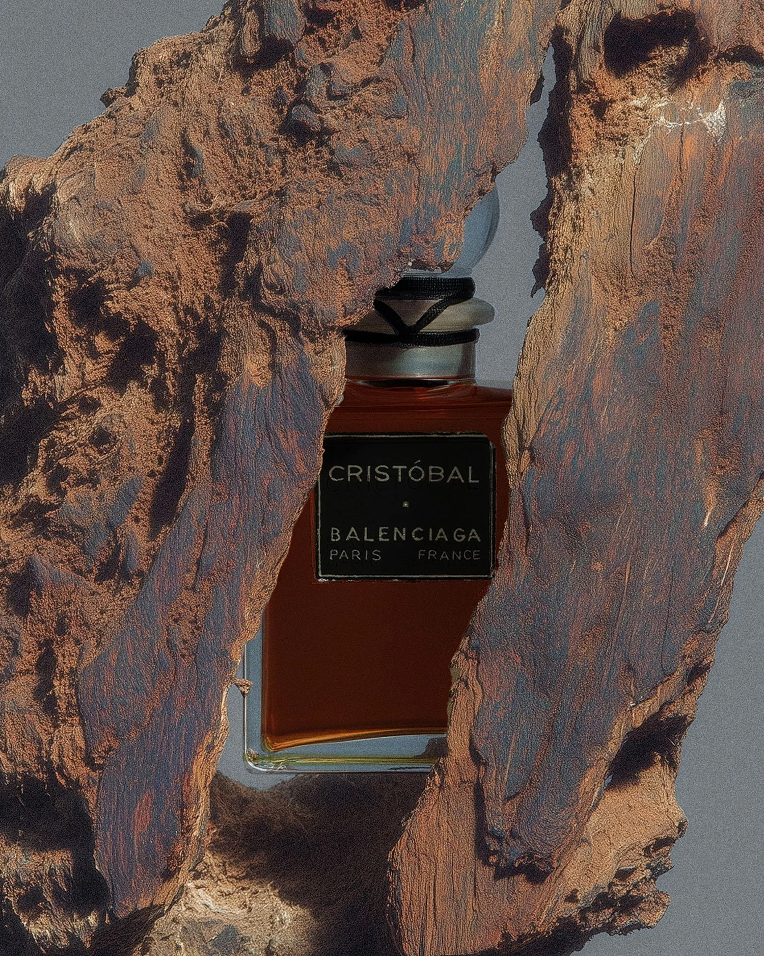 A bottle of Cristóbal Balenciaga perfume is positioned between two pieces of bark or wood, creating a natural frame around the bottle.