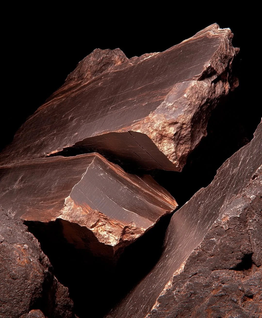 Close-up of dark brown chert rocks with sharp edges and rough textures, set against a black background.