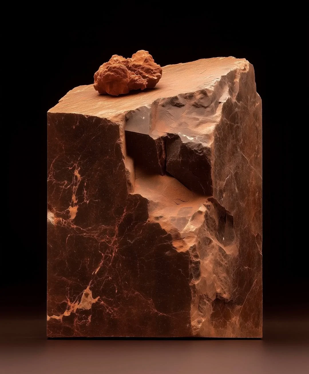 A reddish-brown marble block with a rough rock on top, cut in a stepped shape to reveal the interior and natural veining.