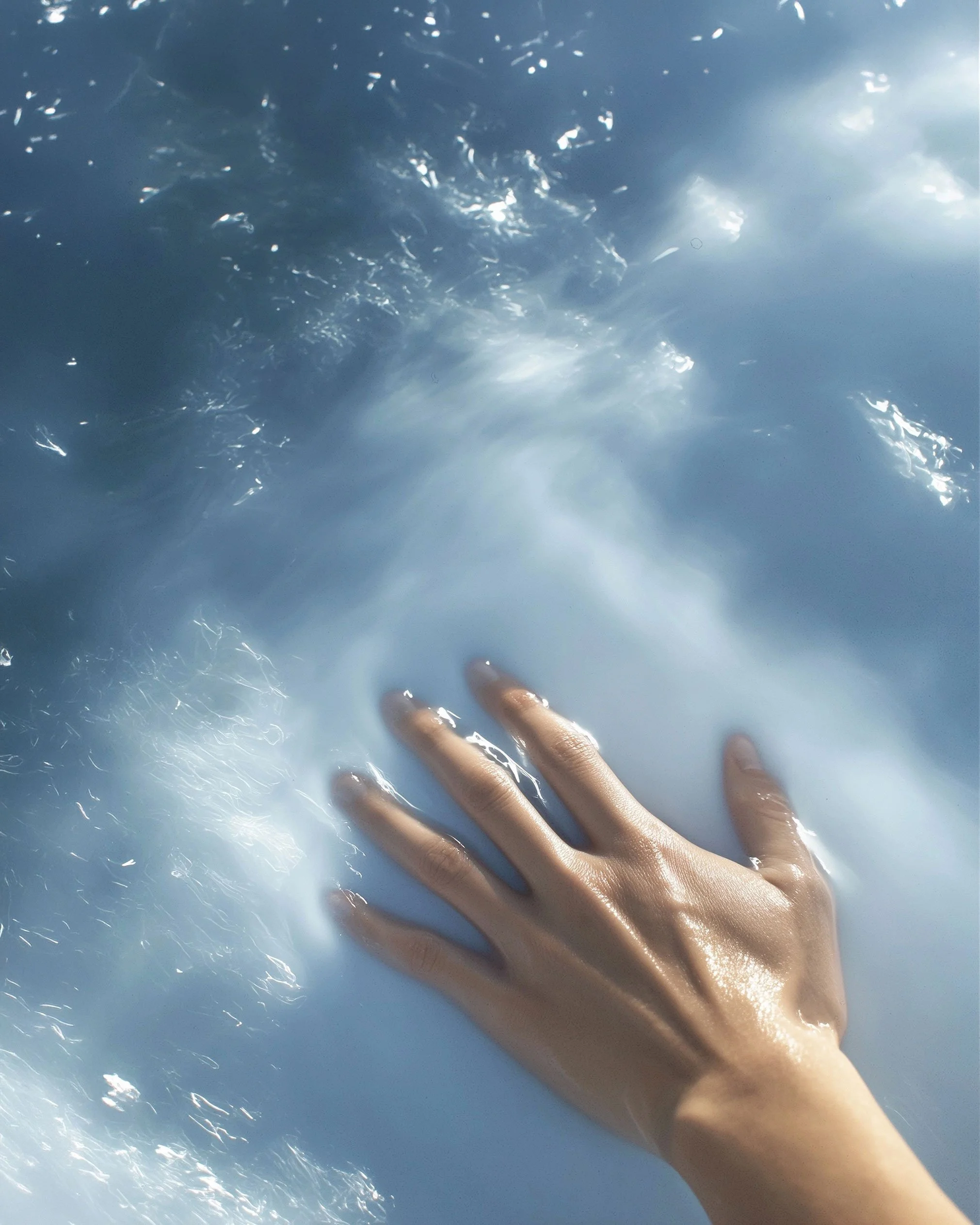 A hand touching or submerged in a body of water with a blue tint, possibly a swimming pool or the ocean.