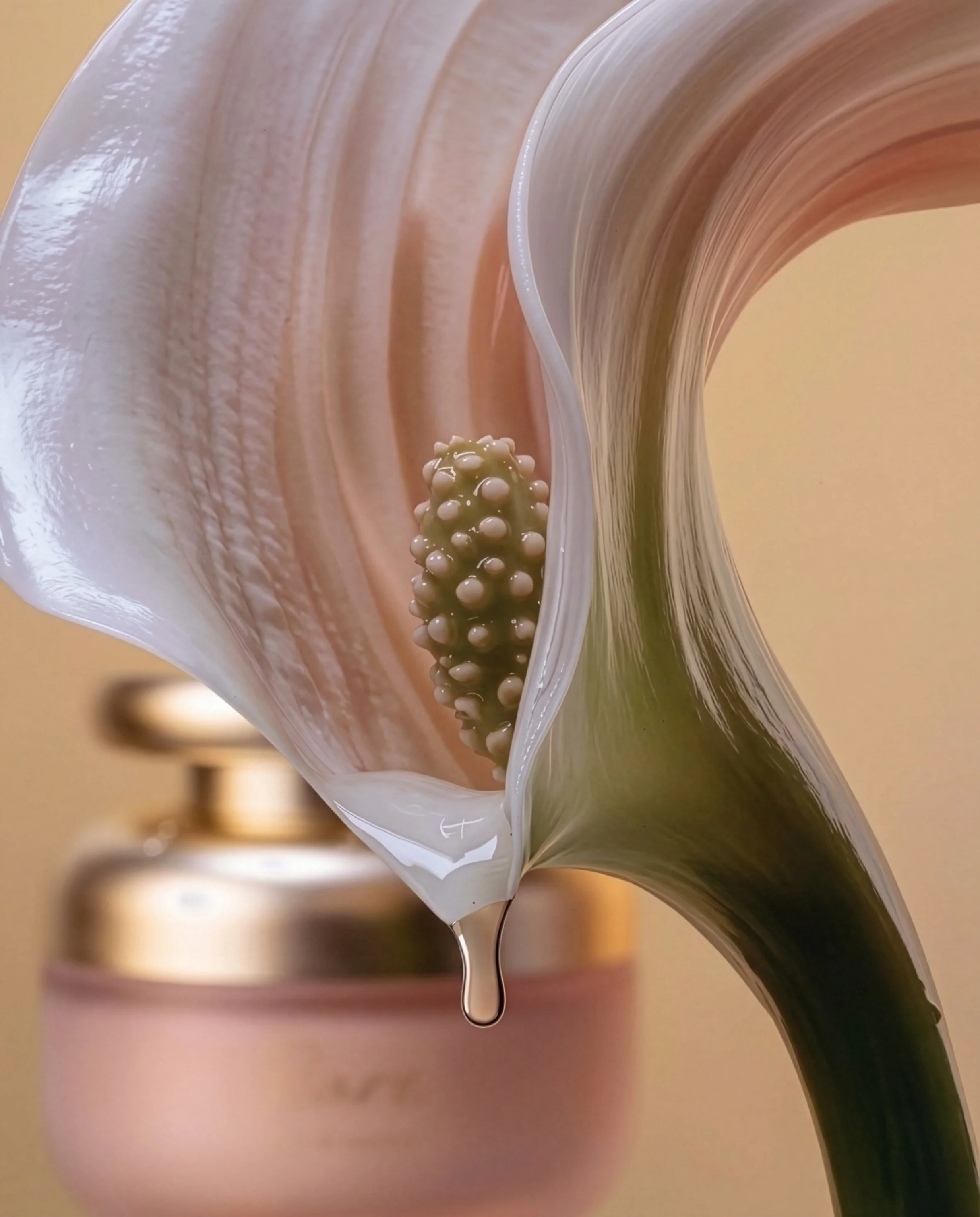 Close-up of a cream-colored flower with a green and white stamen, with a droplet of liquid hanging from the edge, and a blurred pink and gold container in the background.