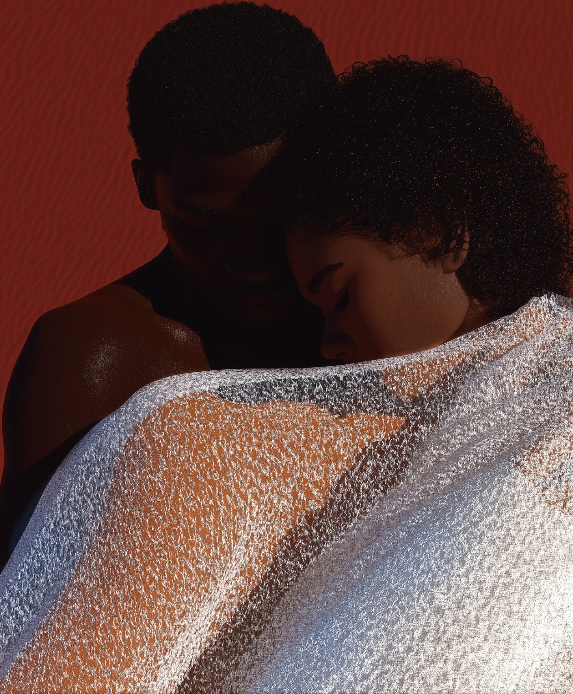 A couple hugging with their heads touching. The woman has curly hair and is wrapped in a textured white fabric, while the man has short hair and is shirtless, set against a red background.