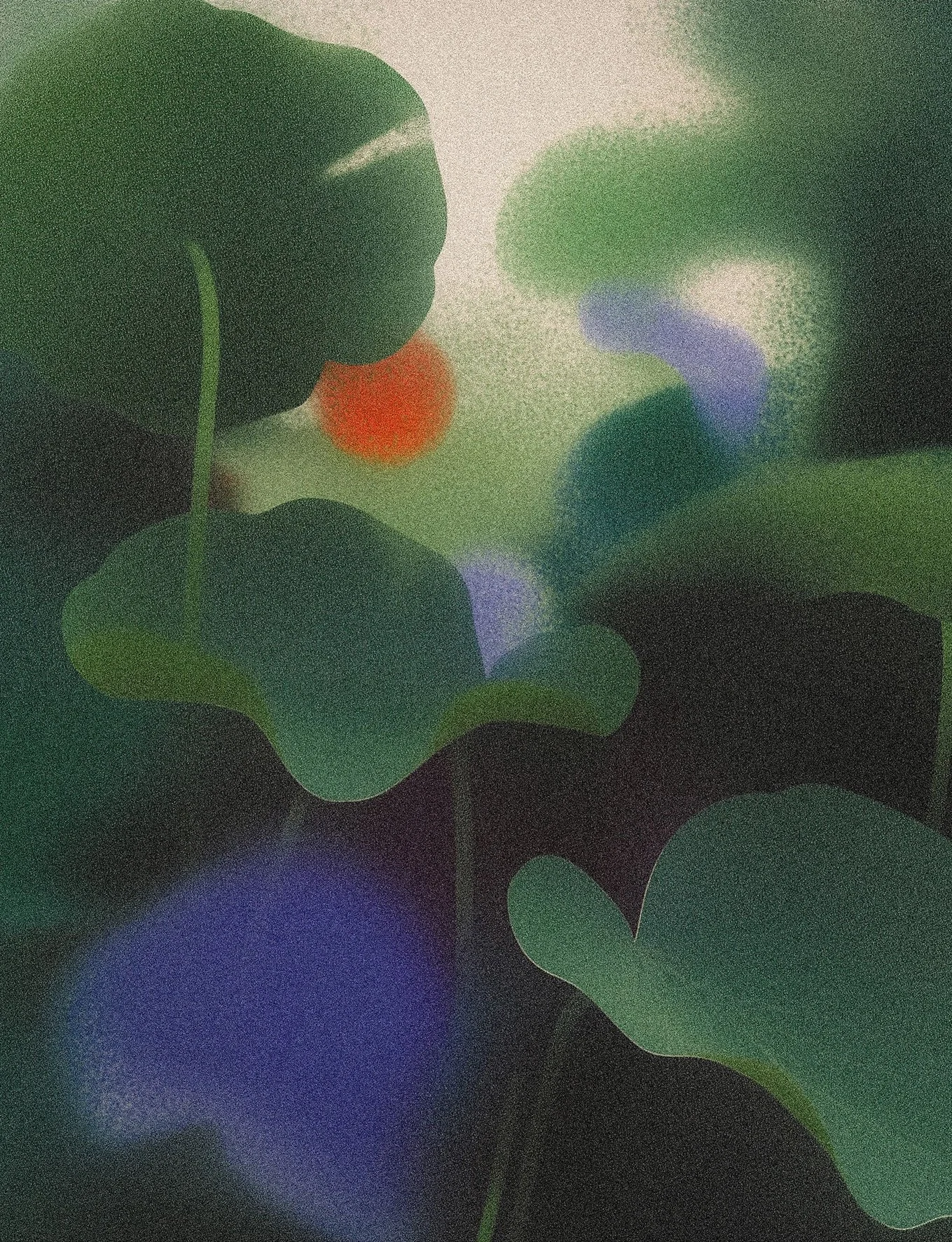 Close-up of green leaves with bokeh lights in the background, creating a soft, abstract scene.