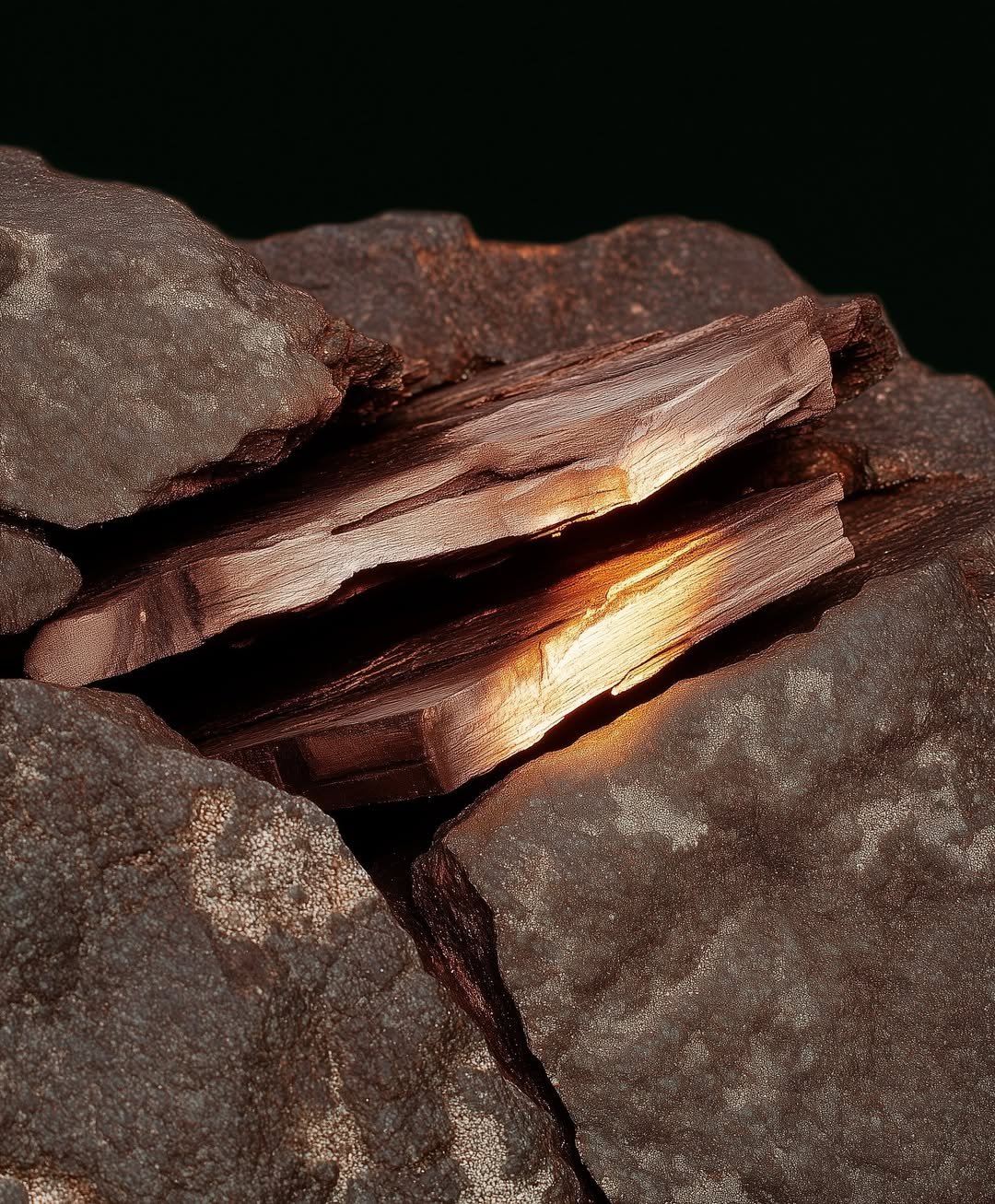 Close-up of layers of pink mica mineral with a glowing, light-colored crystal embedded among dark, textured rocks.