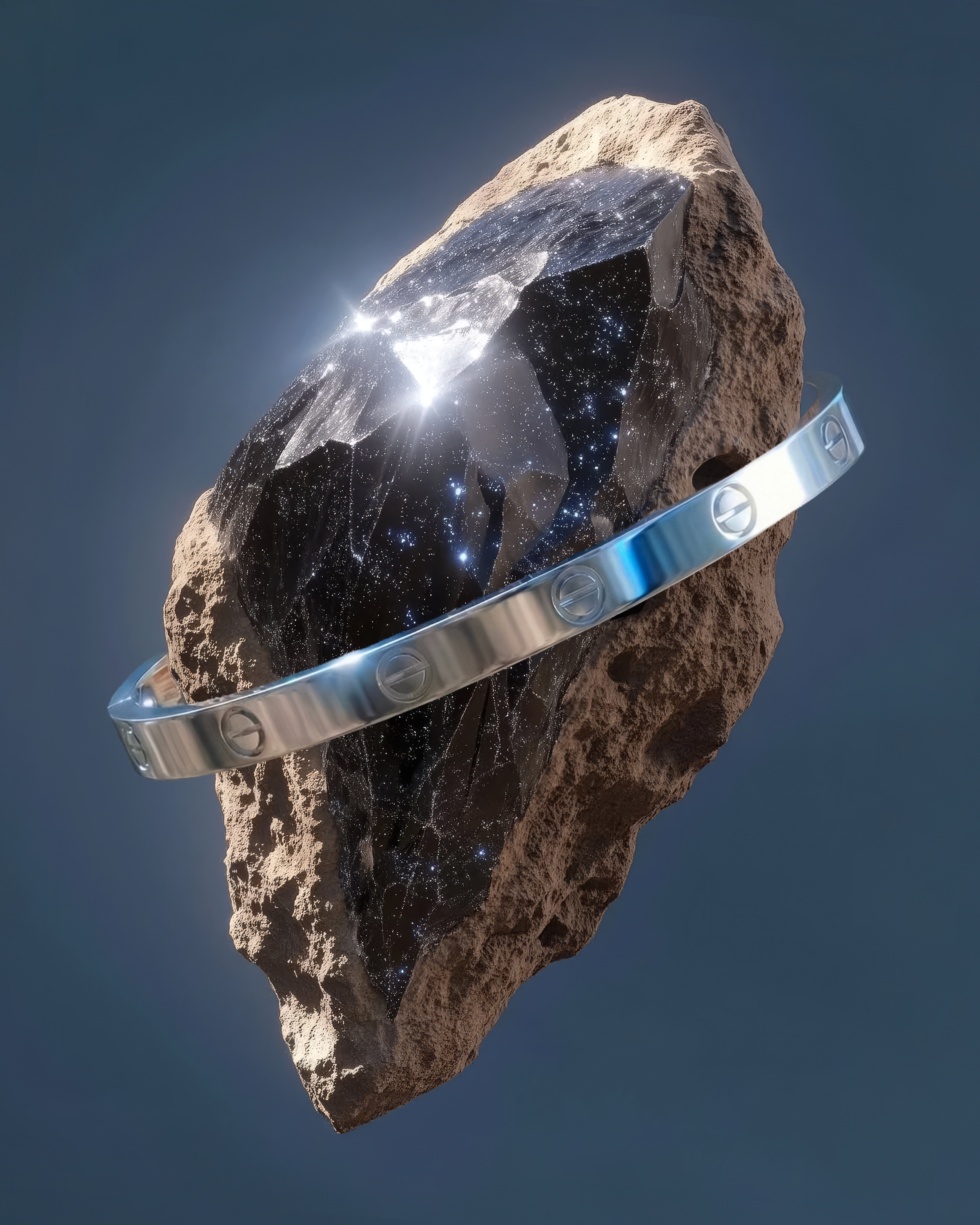 A starry universe with a galaxy, embedded inside a rocky asteroid with a metallic ring around it.