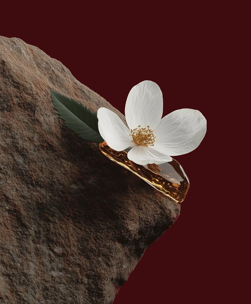 A white flower with a green leaf rests on a piece of amber-colored jewelry, positioned on a rough rock surface against a dark red background.