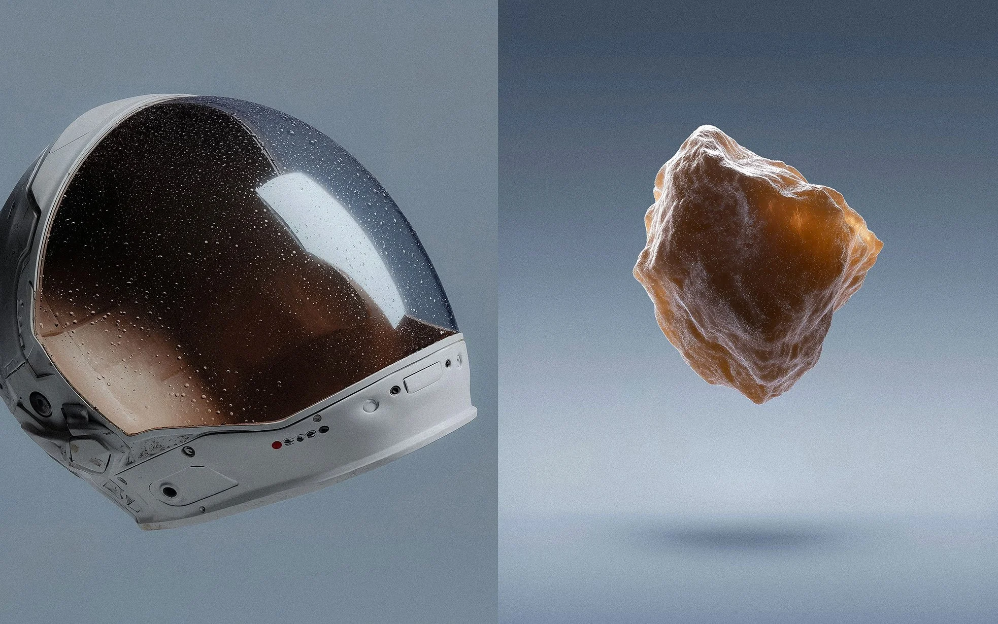 Split image showing a space helmet with a dark glass visor on the left and a floating rock or asteroid on the right.