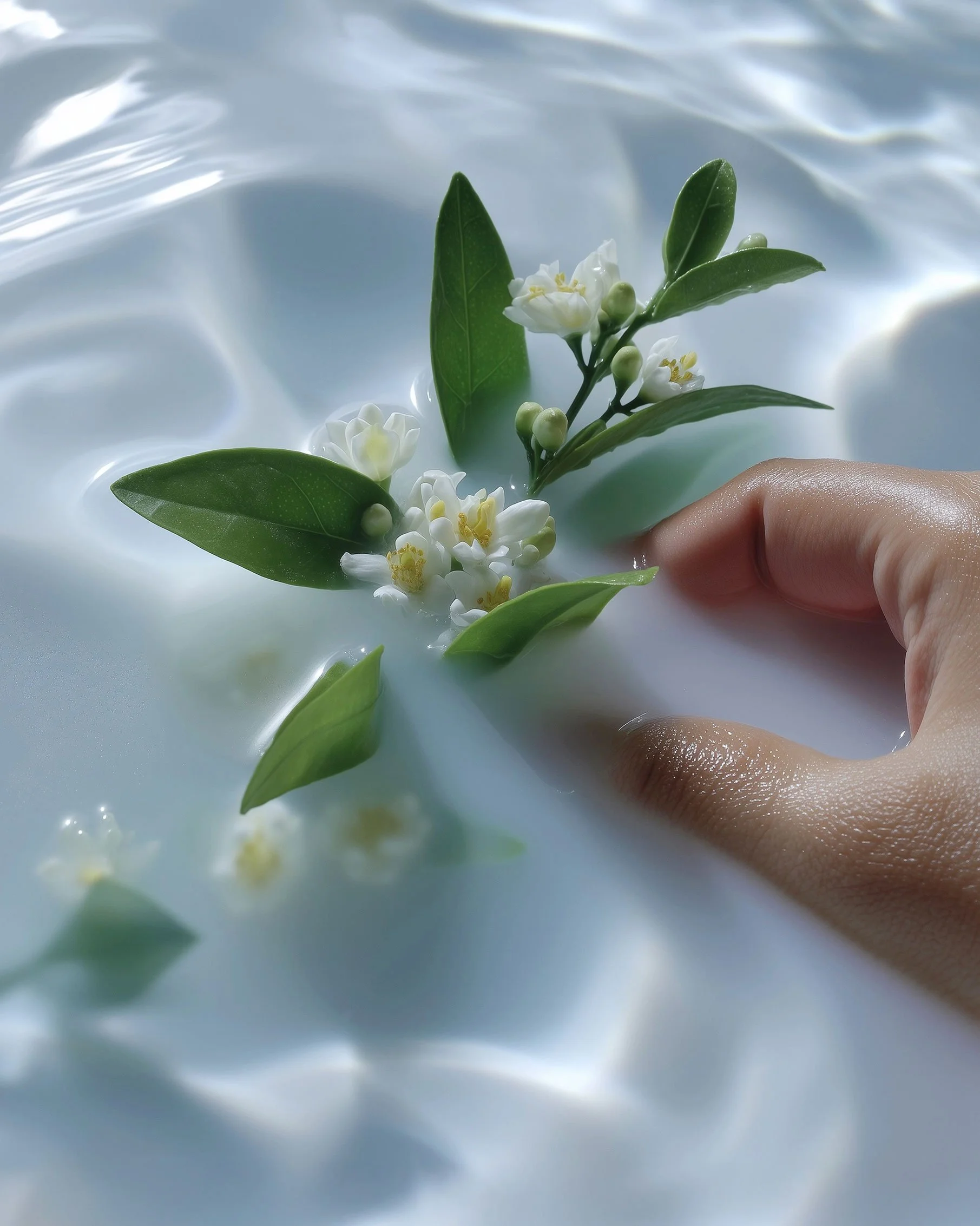 A hand holding a small branch with white flowers and green leaves, partly submerged in milky white liquid.