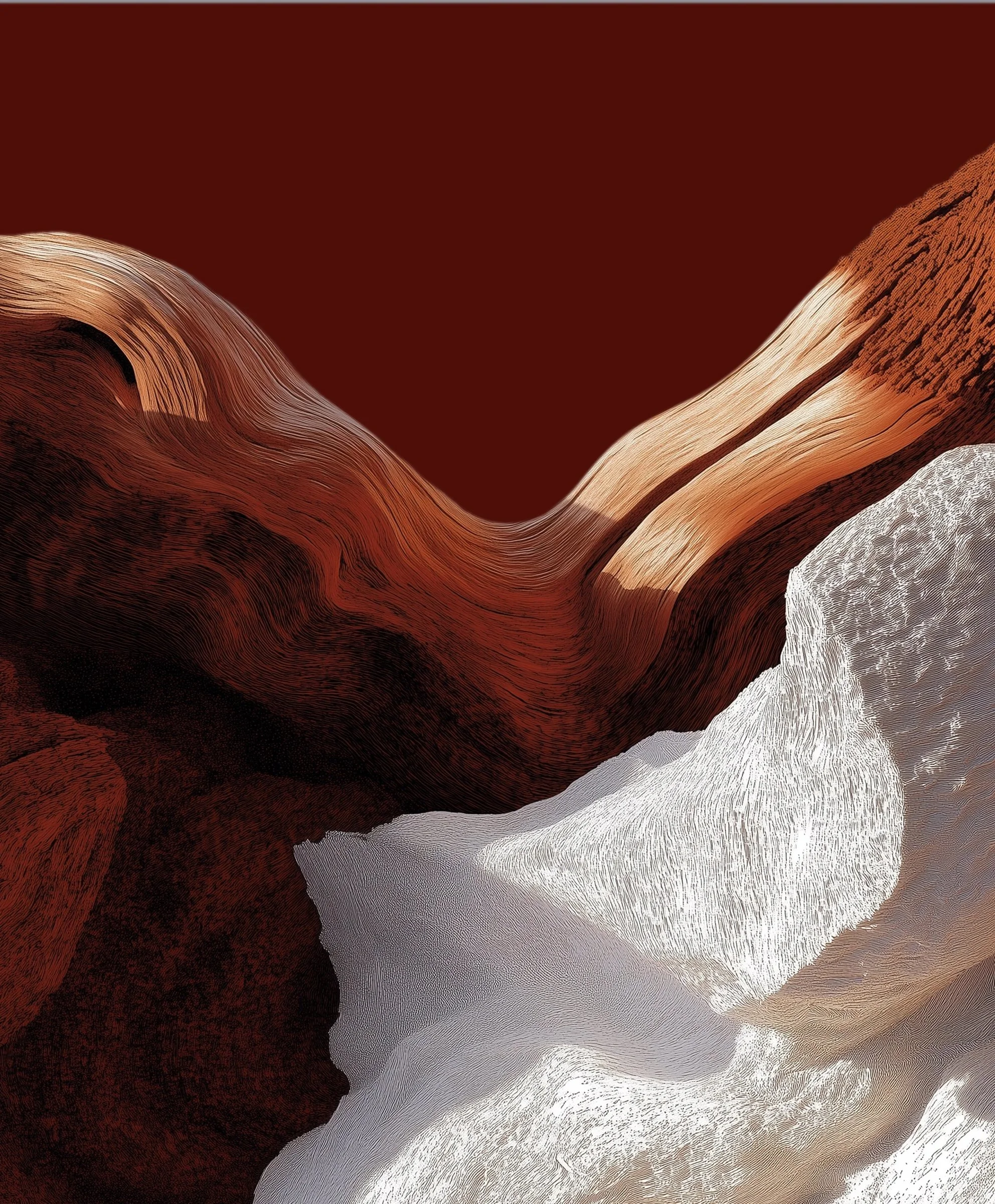 Abstract digital artwork with flowing lines and textures in shades of red, brown, white, and gray.