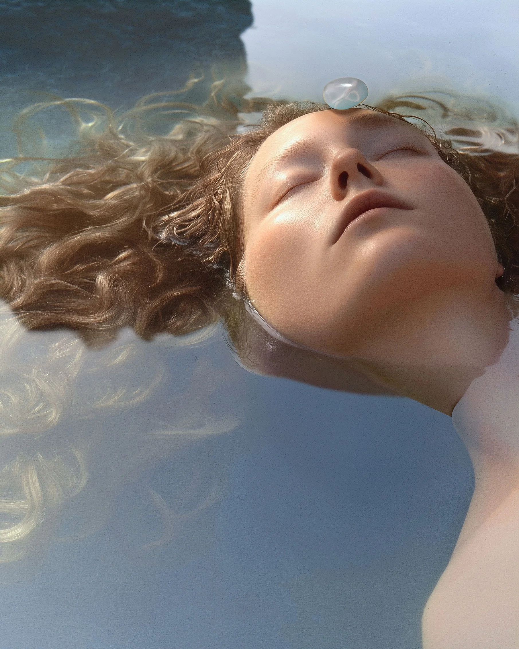 A woman with curly hair floating on her back in water, with eyes closed and a serene expression.