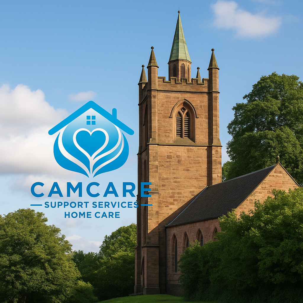 A historic church with a tall steeple, surrounded by green trees under a blue sky with some clouds, featuring a CAMCARE support services home care logo.
