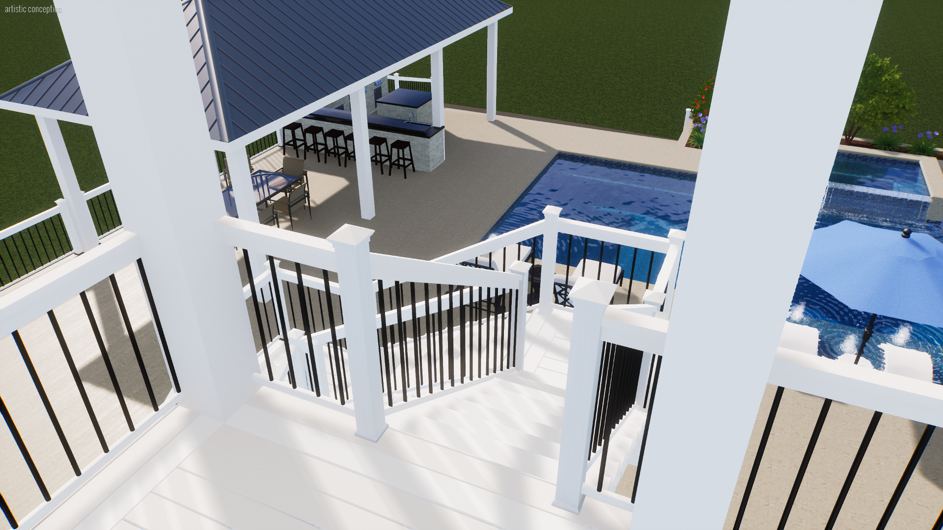 View from a white balcony overlooking a backyard with a swimming pool, shaded outdoor bar and seating area, surrounded by a green lawn and some flowering plants.